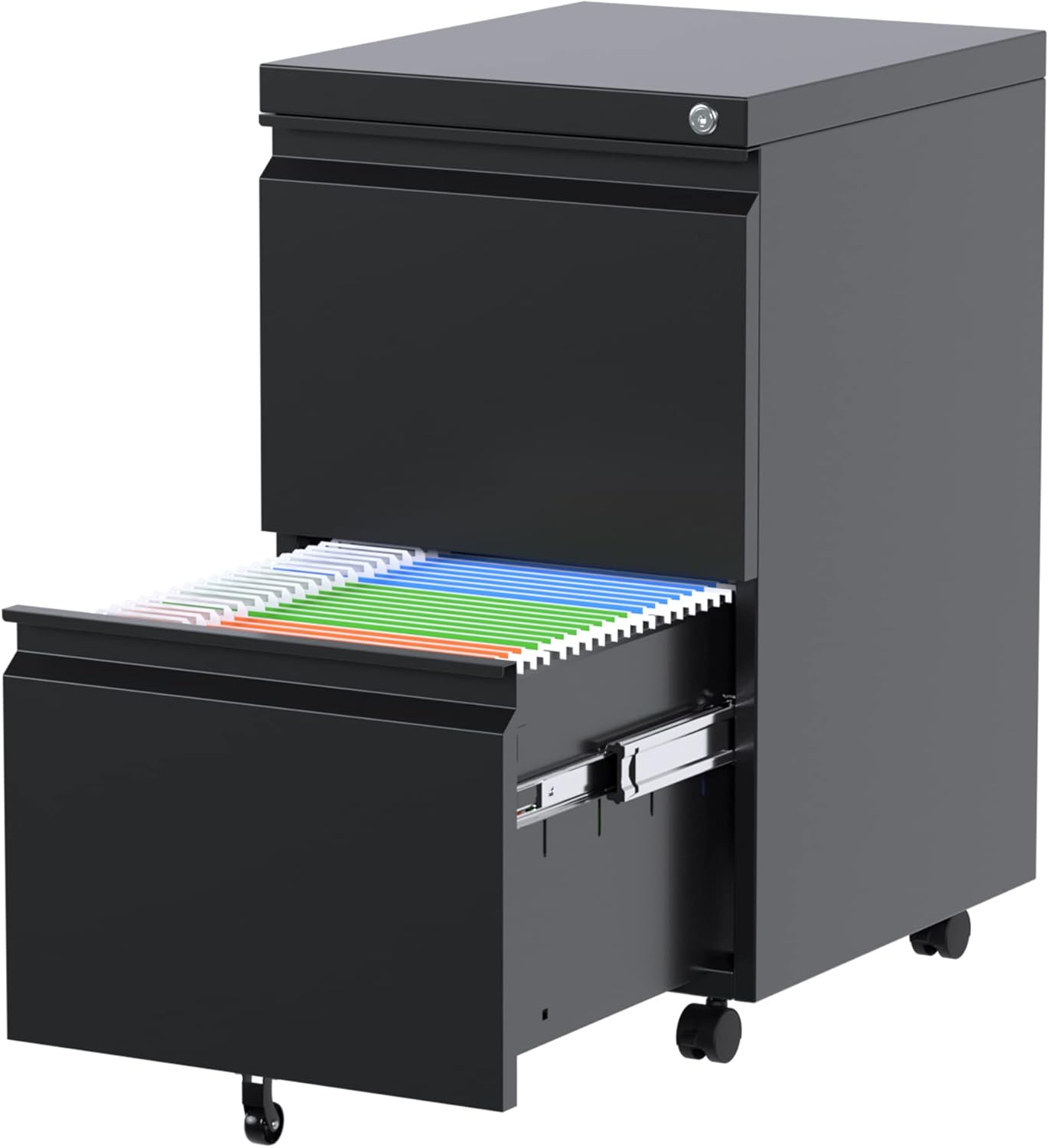 METAN 2 Drawer Vertical File Cabinet with Lock, Mobile Metal Filing Cabinet for Legal/Letter Size, Office Storage File Cabinet Under Desk, Fully Assembled Except Wheels, Black