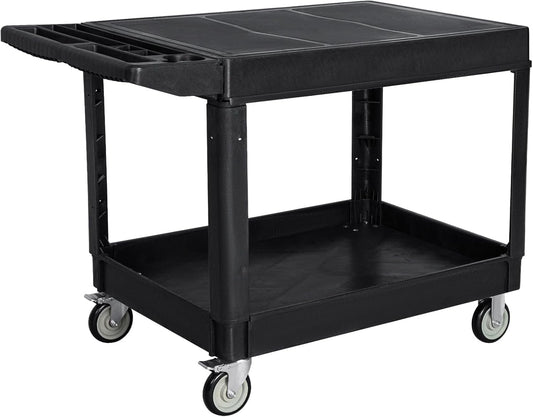 2 Tier Rolling Utility Cart on Wheels, 1000 lbs Capacity Flat Top Plastic Service Cart with Lipped Shelves, 46 x 26-Inch Heavy Duty Work Cart for Warehouse, Garage, Cleaning, Black