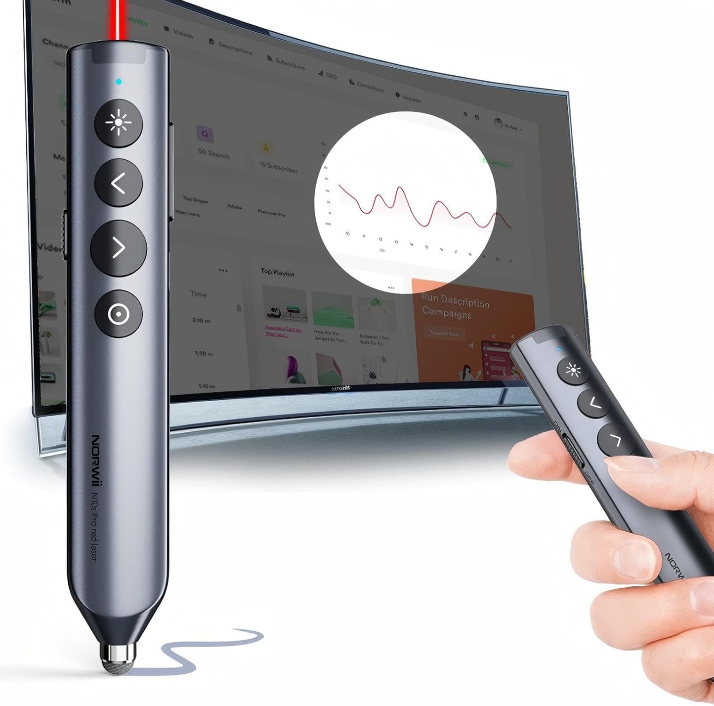 Norwii N10 Bluetooth Presentation Remote with Stylus Pen for Touch Screen, Advanced Digital Highlighting Presenter Clicker, 50M Range Metal Shell