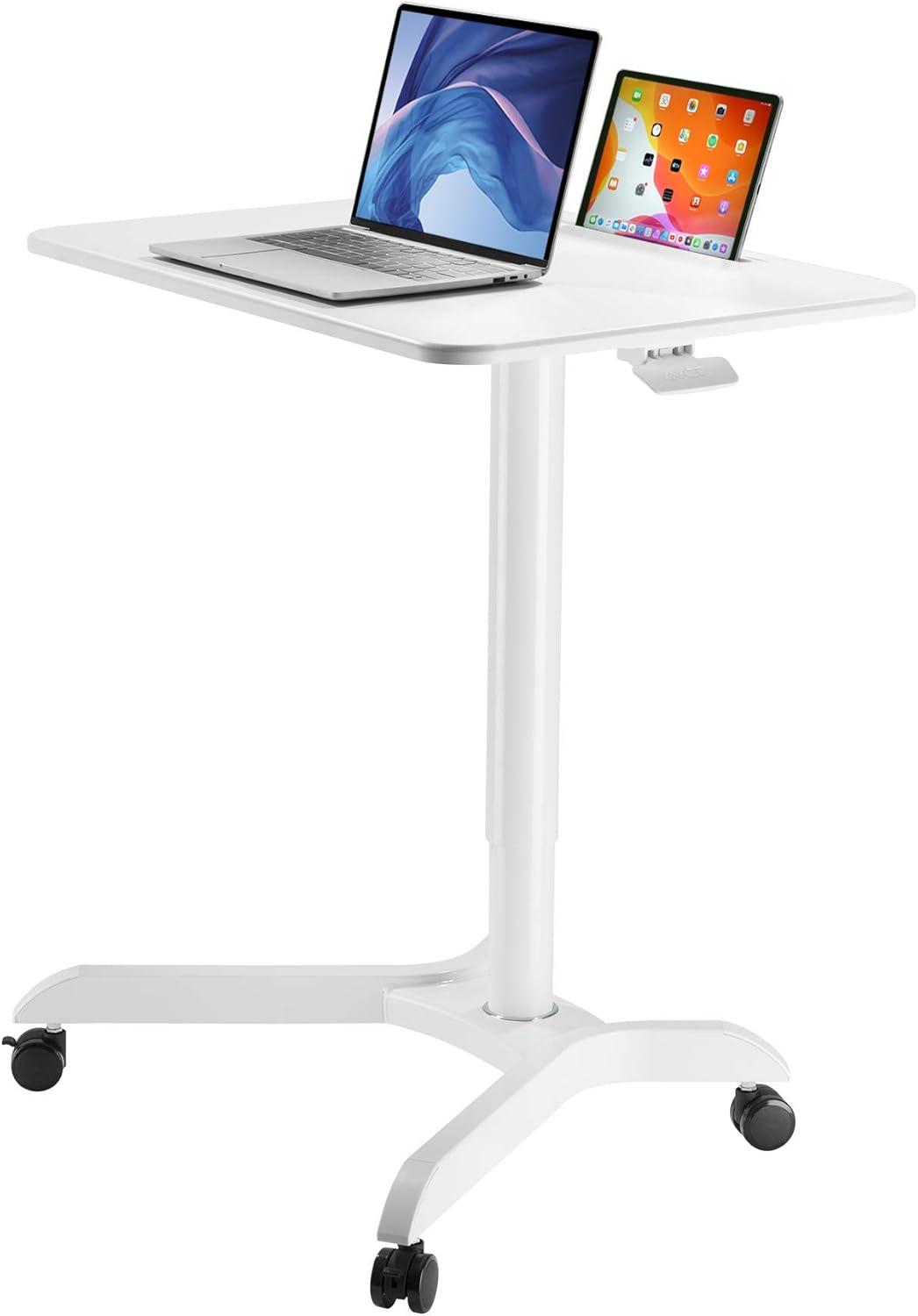 AVLT 44-inch Ambidextrous Pneumatic Laptop Standing Desk Cart (3 ft 8 in), Mobile Rolling Desk with Adjustable Height, Folding Computer & Projector Cart, White Cart with Brakes