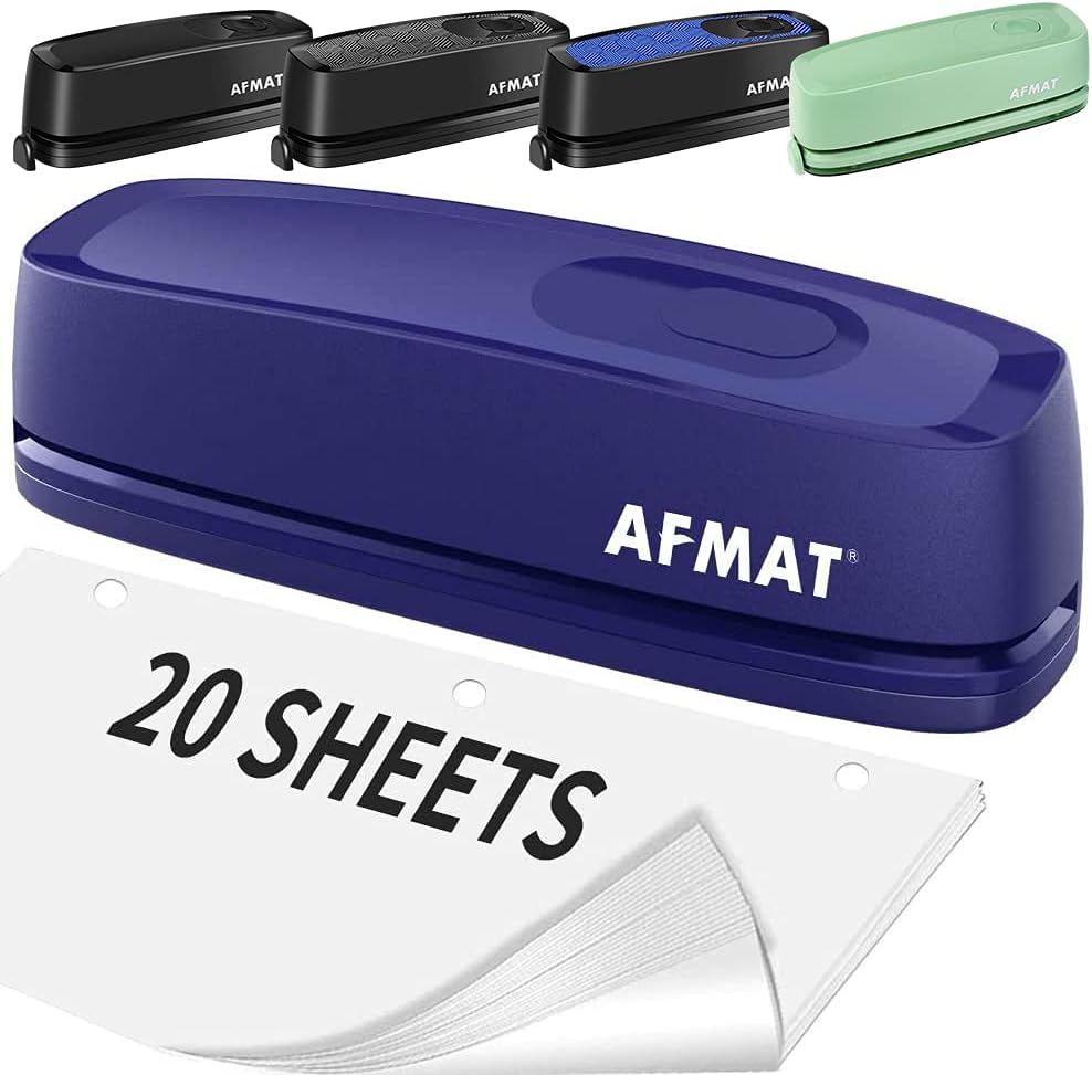 AFMAT Electric 3 Hole Punch, 3 Hole Punch Heavy Duty, 20-Sheet Punch Capacity, AC or Battery Operated, Effortless Punching, Long Lasting Paper Puncher for Office School Studio, Blue, Model: HP07