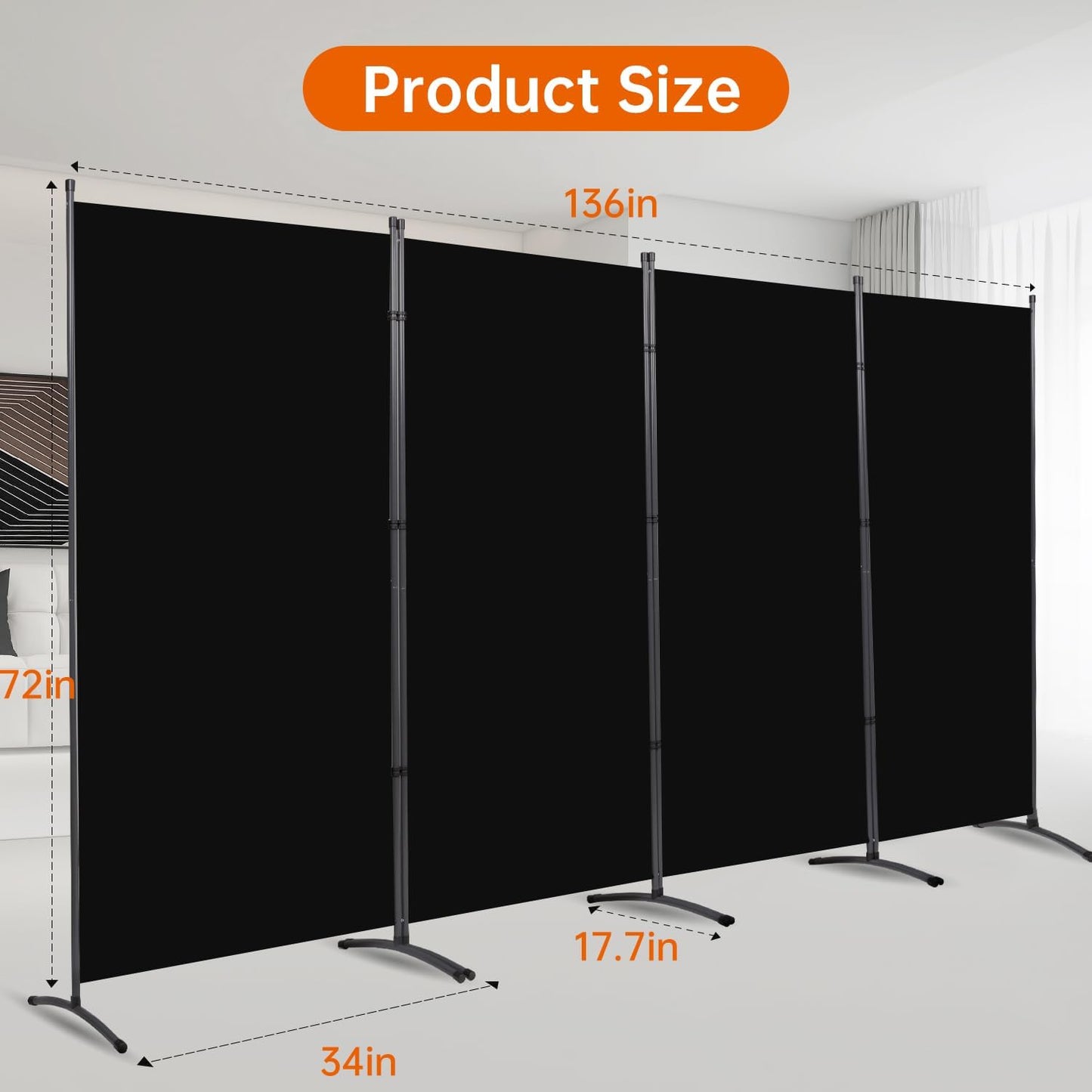 Room Divider 6FT Folding Privacy Screens, Partition Room Dividers w/Freestanding Design, Portable Wall Divider for Room Separtation, Fabric Screen Panel for Home Office Dorm (Black, 4 Panel)
