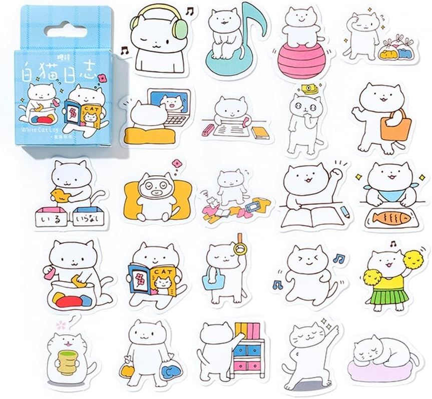 46 Pcs Small Cute White Cat Stickers for Scrapbooking Diary Laptop Junk Journal Notebook Kids Envelope Card Making Diary Planner Craft DIY Craft Decoration, 23 Patterns