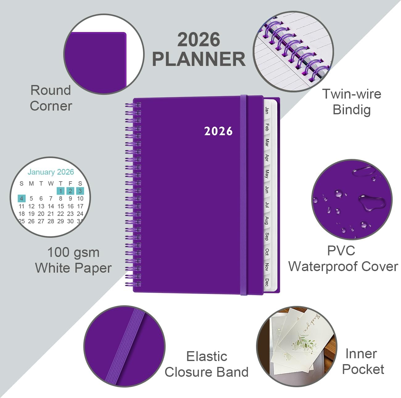2026 Planner - Weekly and Monthly Calendar Planner from Jan 2026 - Dec 2026, Planner 2026 Spiral Bound with 12 Monthly Tabs, Inner Pocket, Perfect for School Office Supplies, 6.4" x 8.5", Purple-C