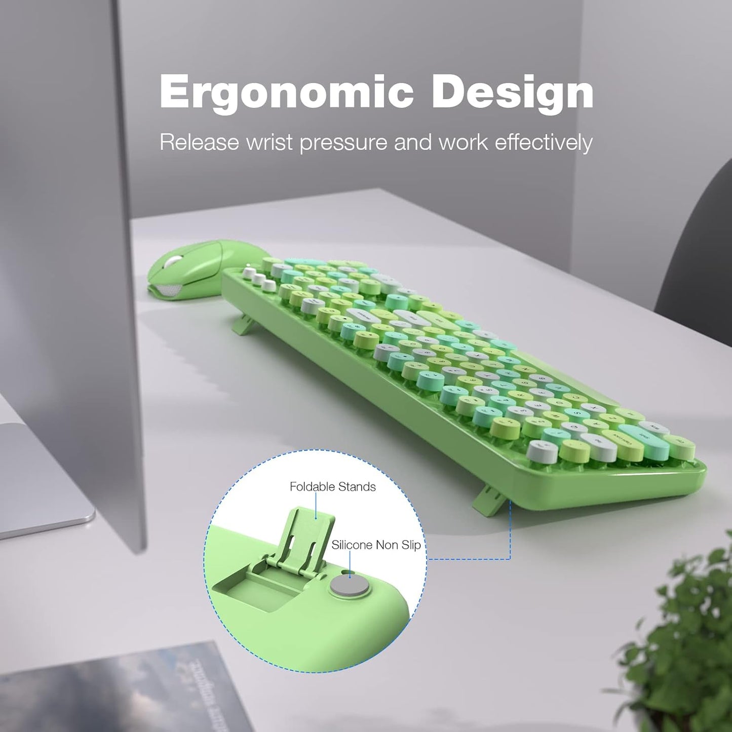 Wireless Keyboard and Mouse Combo, 104 Keys Full-Sized 2.4 GHz Round Keycap Colorful Keyboards, USB Receiver Plug and Play, for Windows, PC, Laptop, Desktop (Green Colorful)