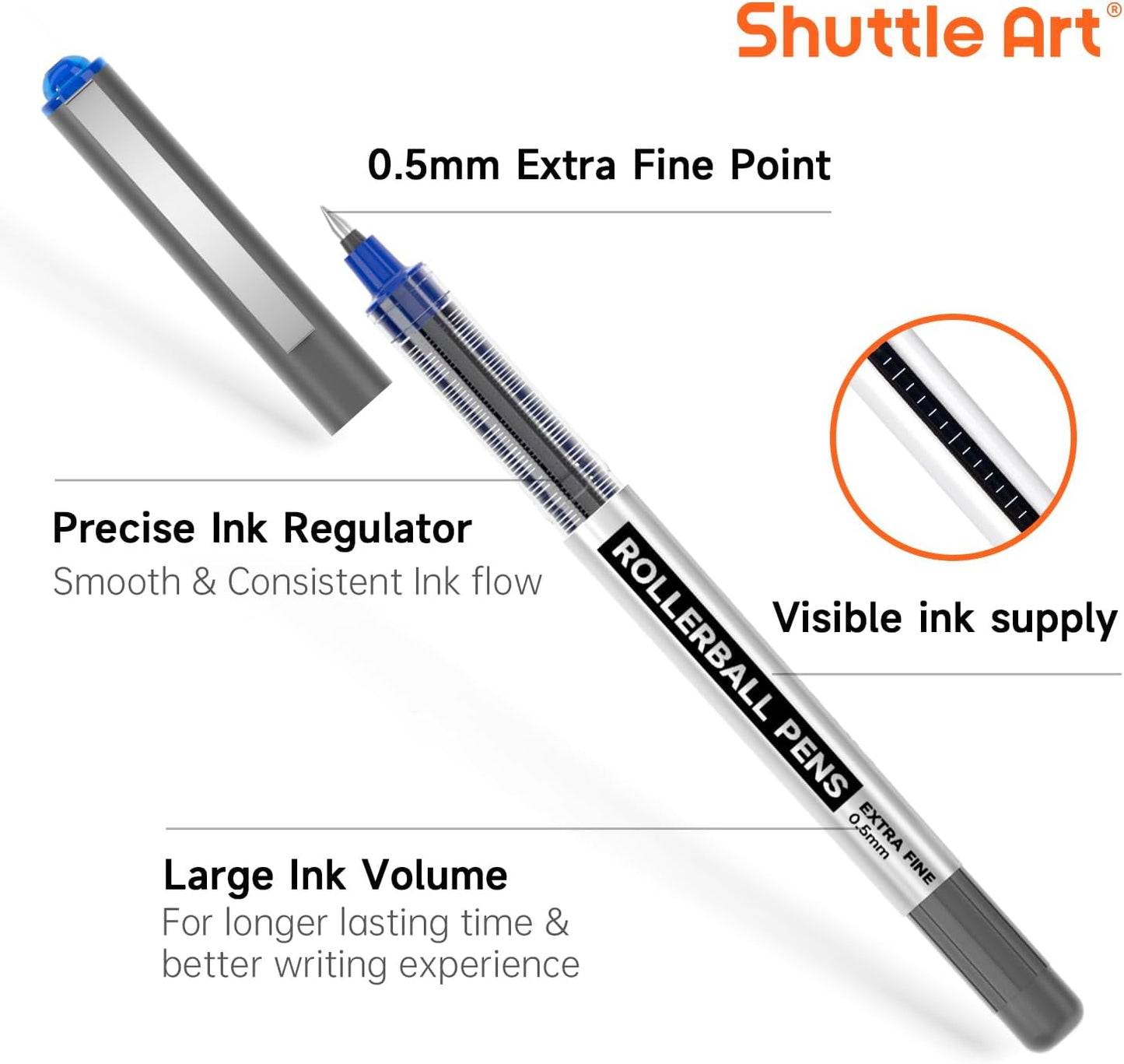 Shuttle Art RollerBall Pens, 25 Pack Blue Fine Point Roller Ball Pens, 0.5mm Liquid Ink Pens for Writing Journaling Taking Notes School Office