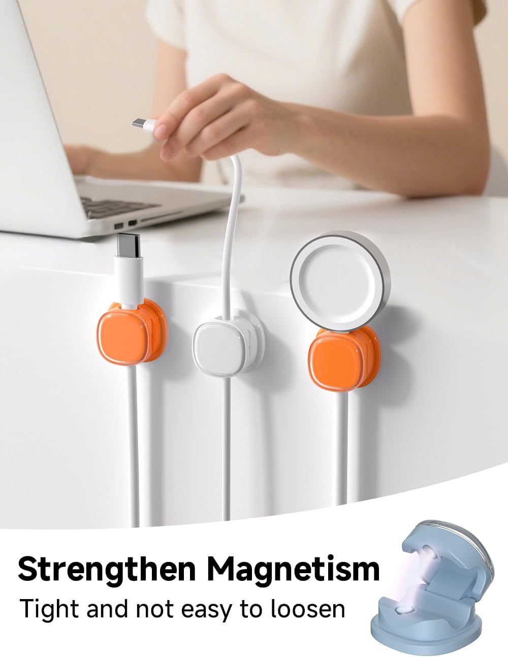 Magnetic Cable Clips, Adjustable Cord Holder Management, Adhesive Wire Keeper Organizer for Home Office Desk Phone PC Car Wall Desktop Nightstand Appliance (9-PCS White_Orange_Blue)
