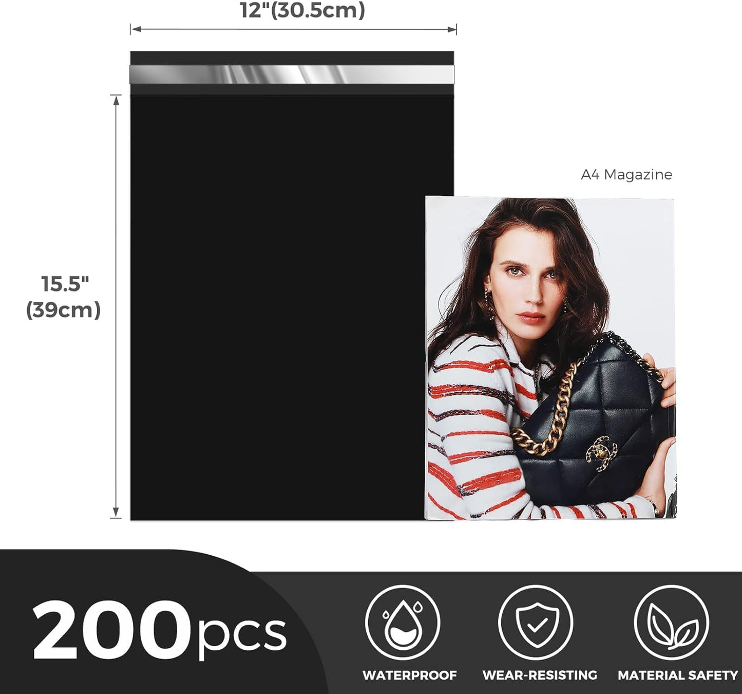 Metronic Poly Mailers 12X15.5 200 Pack, Strong Adhesive Shipping Bags for Clothing, Waterproof and Tear-Proof Shipping Envelopes, Mailers Poly Bags Packaging Bags for Business in Black