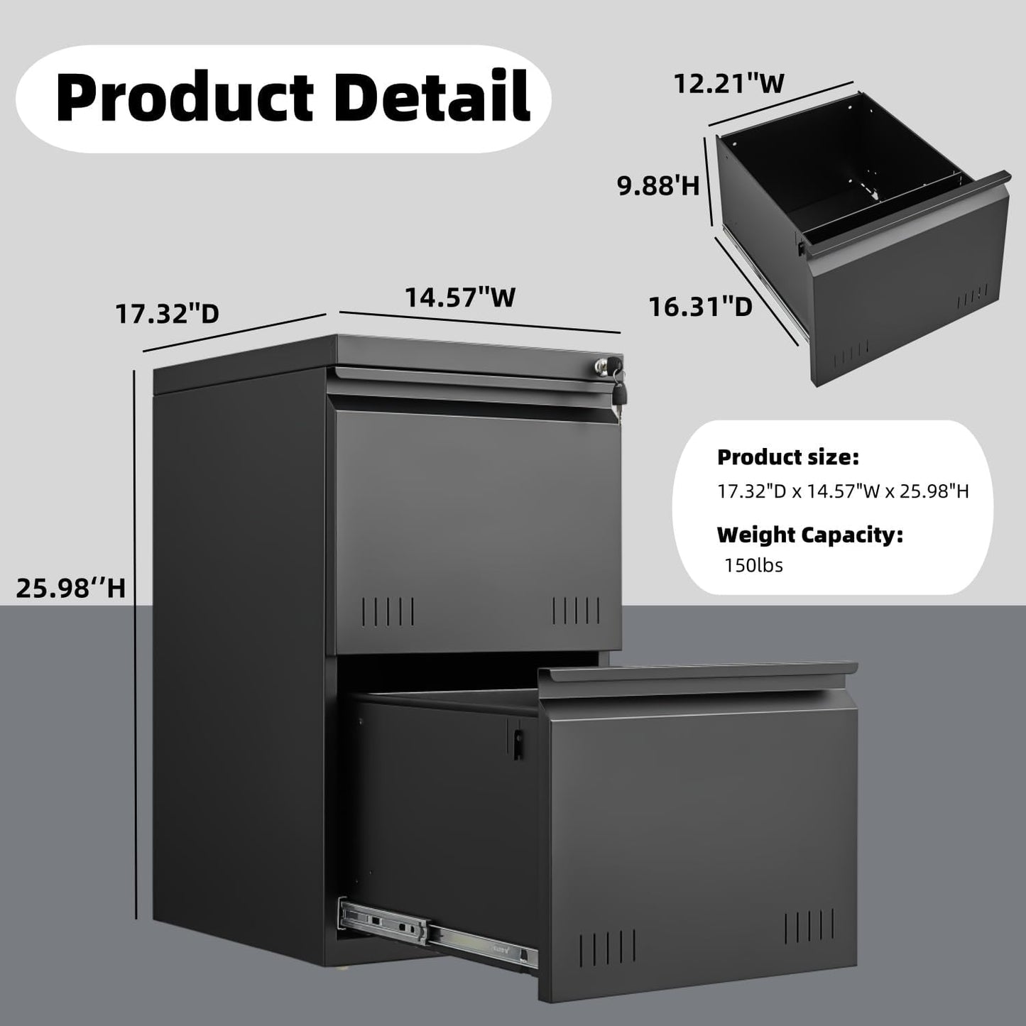 2 Drawer File Cabinets for Home Office, Vertical File Cabinet with Lock, Printer Stand, Office Storage Cabinet for A4/Letter/Legal Size, Under Desk Filing Cabinet, Assembly Required(Black)