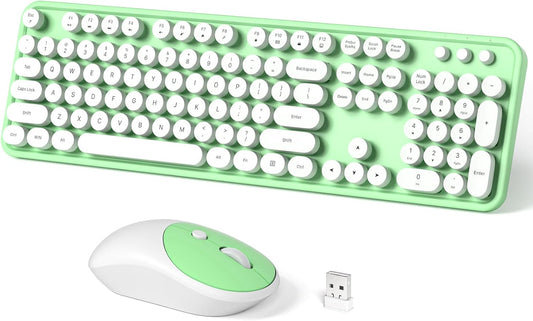 Wireless Keyboard and Mouse Combo, MOWUX Full Size Typewriter Retro Round Computer Keyboard, Mouse Wireless, Plug and Play, for Laptop, PC, Computer- Green