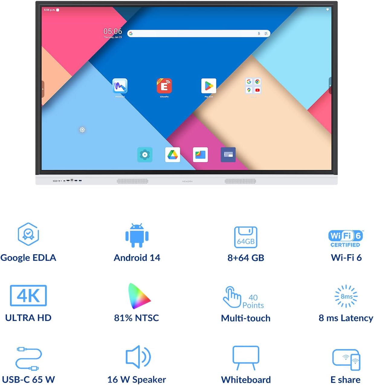 4K Smart Board - Google EDLA-Certified Interactive Whiteboard, Android 14 OS, 50-Point Touch, Wireless Casting - Digital Whiteboard for Classrooms & Hybrid Offices (Android, 55 Inch)