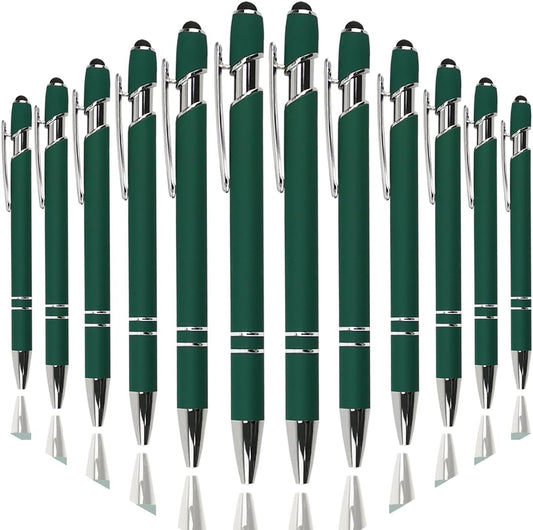 Ballpoint Pen with Stylus Tip, Soft Touch Click Metal Pen, 1.0mm Medium Point, Black Ink, 12 Count(Dark Green)