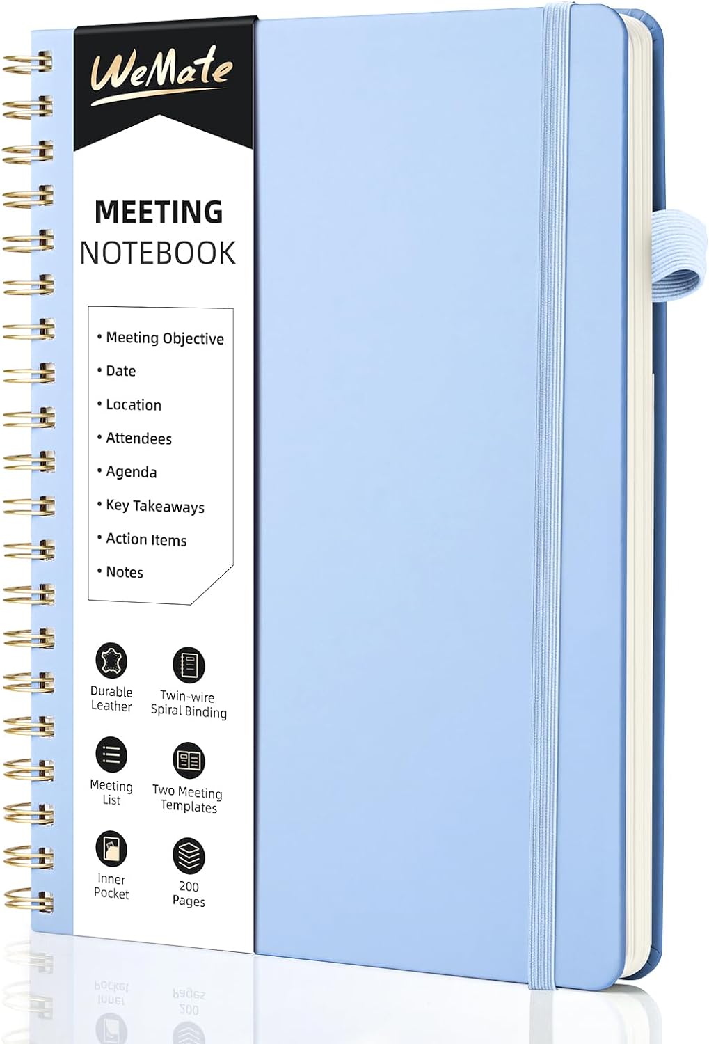 WEMATE Meeting Notebook for Work B5 (7"x10") - PU Leather Work Notebook with Agenda, Action Items & Notes - 200 Pages for Men&Women, Staff and Students, Meeting, Projects Planning - Light Blue
