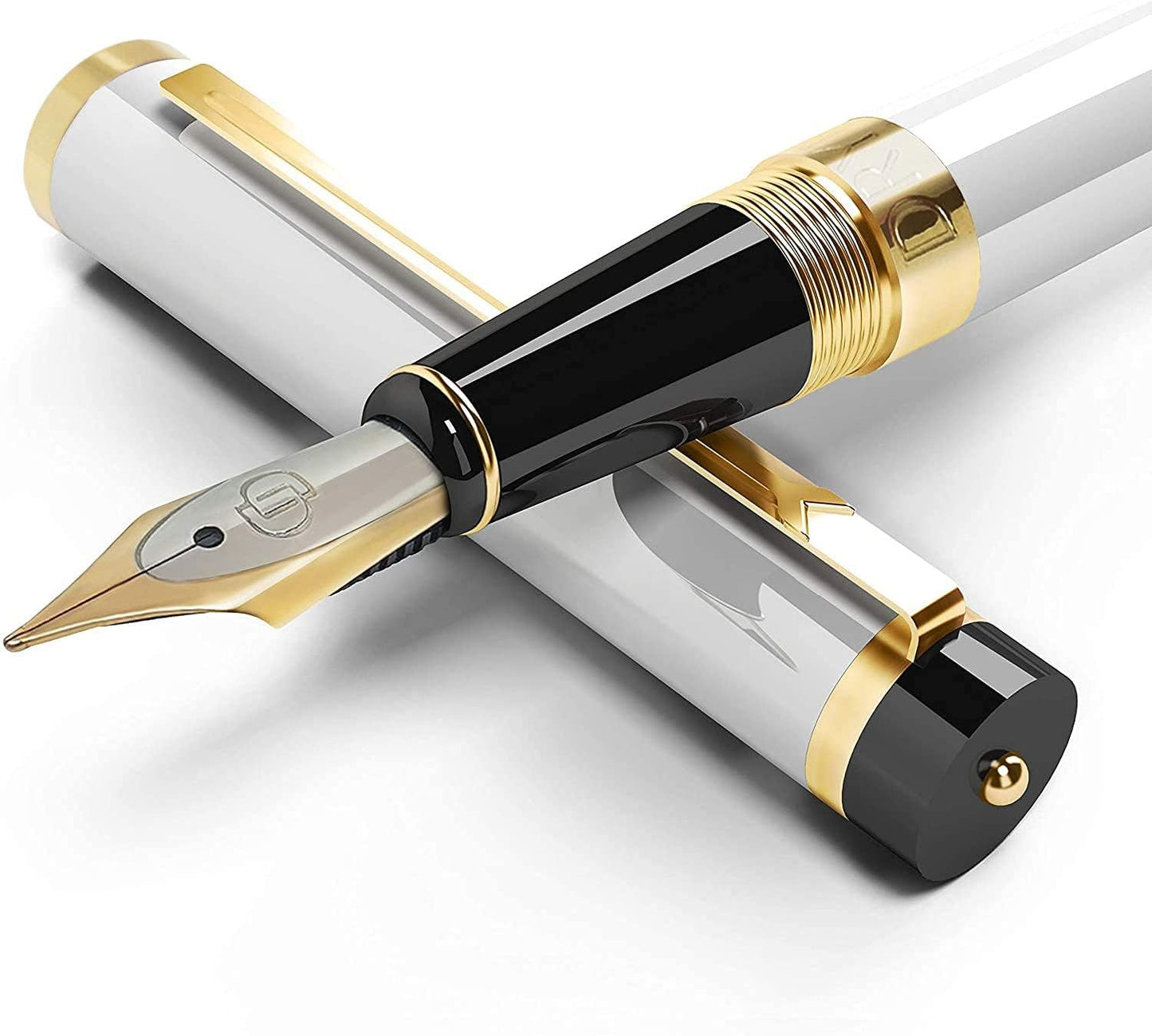 Dryden Designs Fountain Pen Medium Nib, Pearl White, Left and Right Handed, Includes 24 Ink Cartridges - 12 Black and 12 Blue