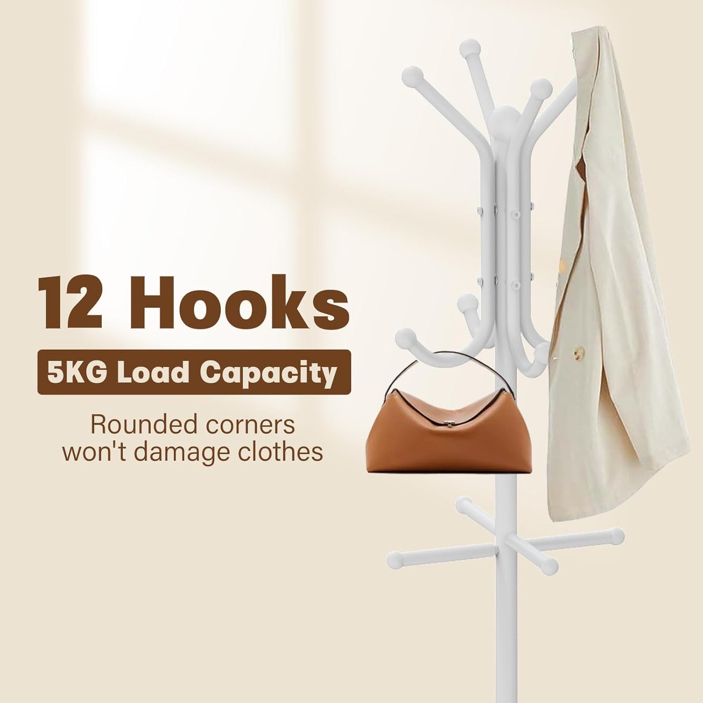 Coat Rack Freestanding, Coat Stand with Umbrella Holder, Metal Coat Tree with 12 Hooks, Coat Hanger Stand for Entryway, Coat Rack Stand for Bedroom, Living Room & Office