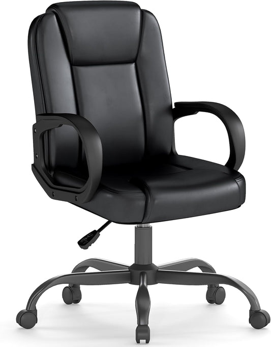 ZZH Executive Office Chair, Leather Desk Computer Chair with Armrests, Mid-Back Swivel Adjustable for Home Office, 1PC, Black