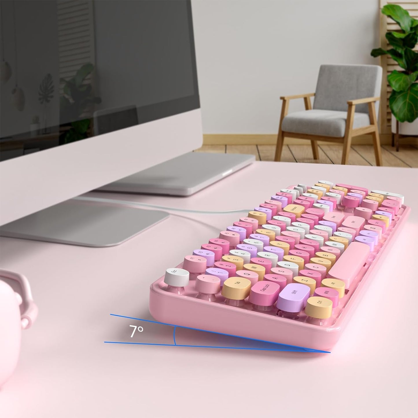 Wired Keyboard, 104 Keys Full-Sized Typewriter Keyboards, USB Plug and Play Office Keyboard with Number Pad, Caps Indicators, Foldable Stands for Windows, PC, Laptop (Pink Colorful)