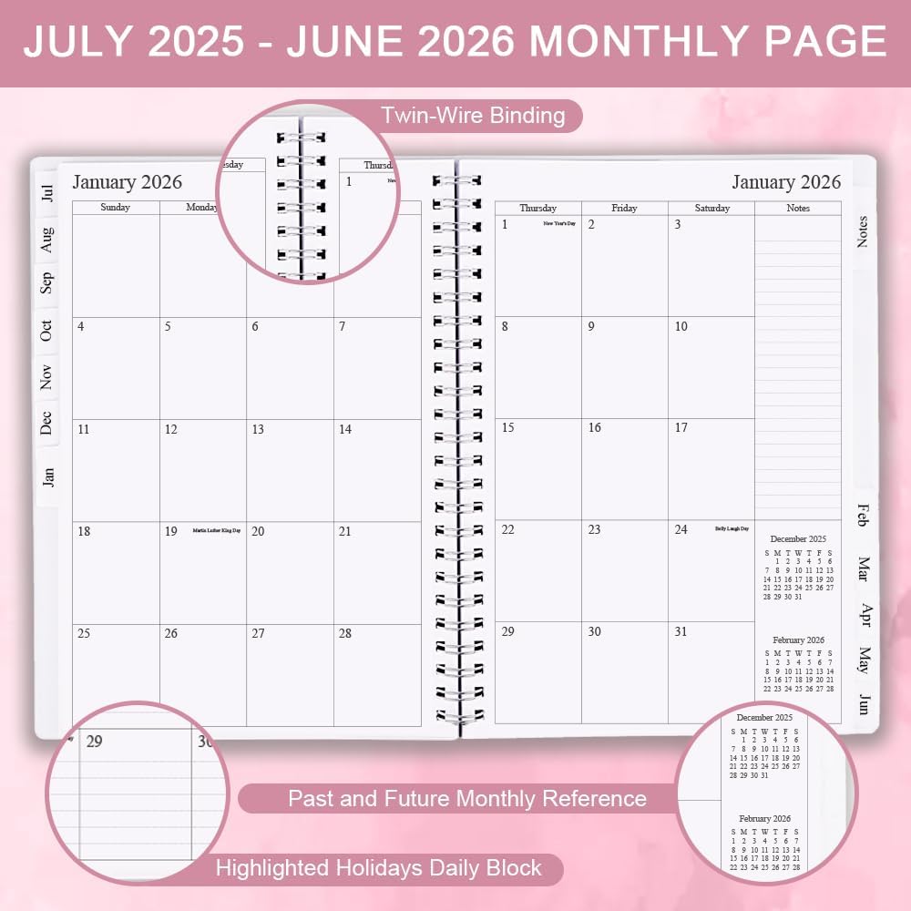 2025-2026 Planner - Monthly Planner Runs July 2025 to June 2026, 6.25" x 8.25", 12 Monthly Tabs, 14 Notes Page, Inner Pocket, Flexible Cover with Twin-Wire Binding, Planners 2025-2026, Pink