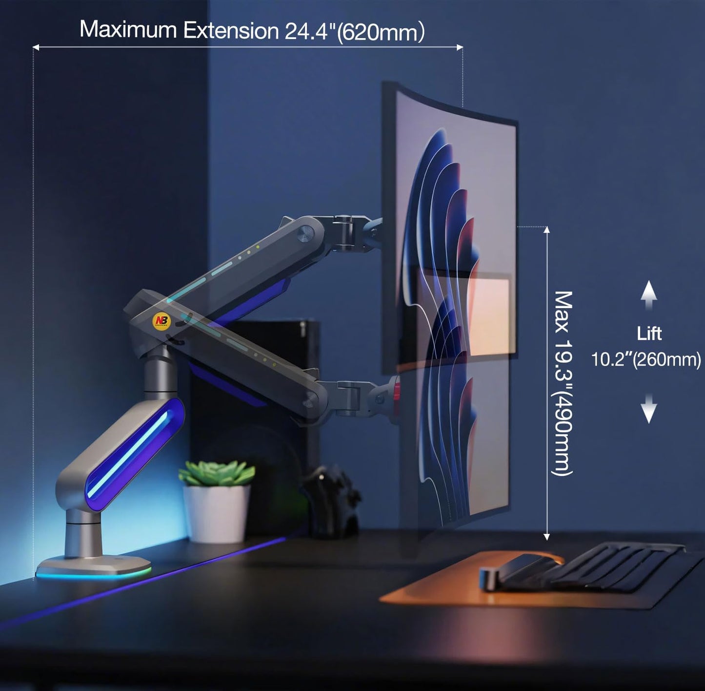 Designer Gaming Monitor Arm for 32 to 60 Inches Screen, Load up to 20 kg, VESA 75/100, RGB-Light, Heavy Duty, Multi Angle Adjustable, Premium Aluminum, Long Arm Extension Purple Blue