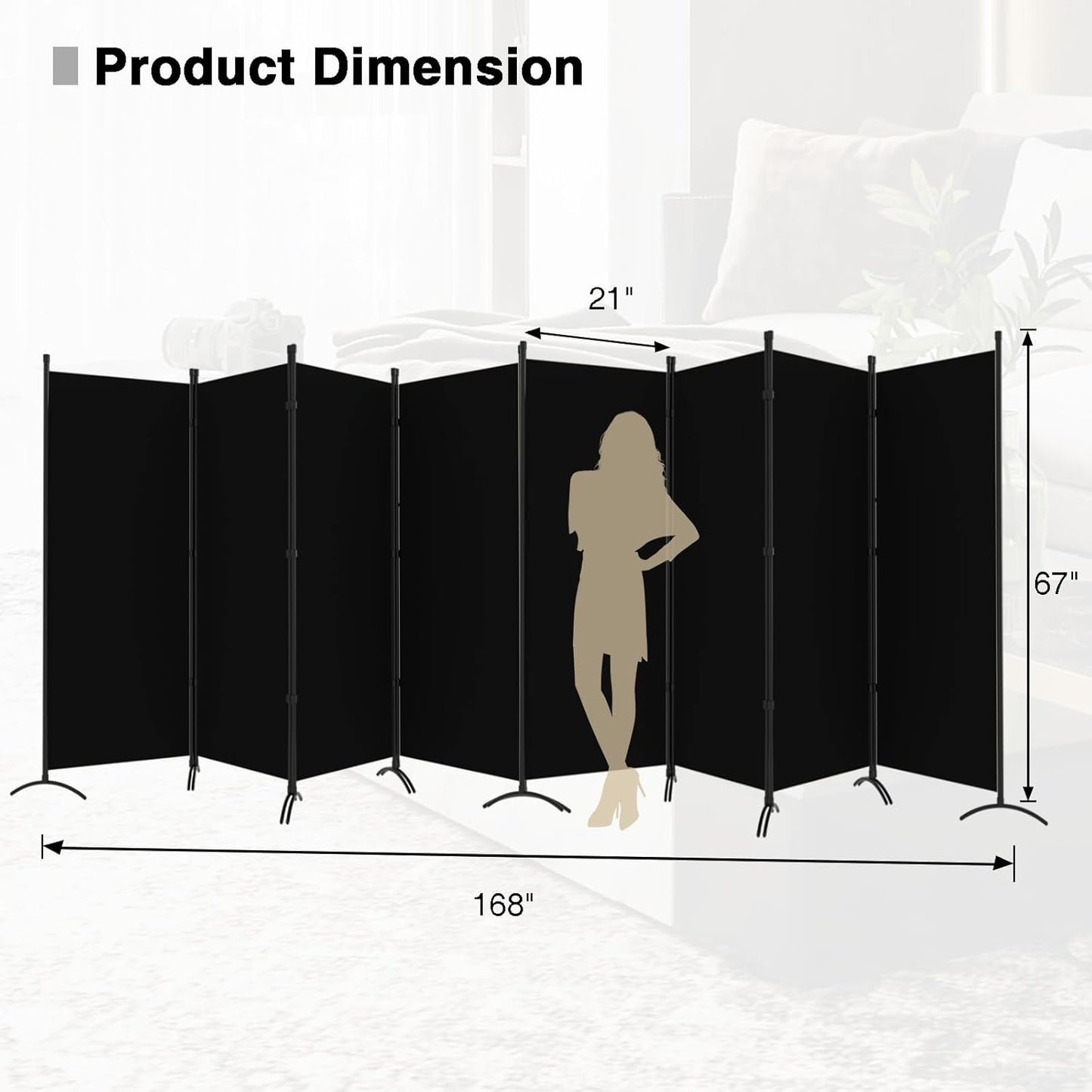 Room Divider-Folding Privacy Screens, 6 ft Partition Room Dividers Wall for Separation, Home, Office, Classroom, Studio (Black, 8 Panel)
