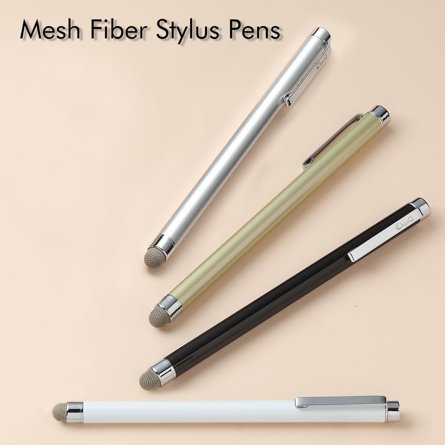 Stylus Pens for Touch Screens, ChaoQ 4 Pcs Mesh Fiber Stylus, with 4 Replaceable Mesh Tips and 4 Replaceable Rubber Tips (Silver, Black, White, Champagne)