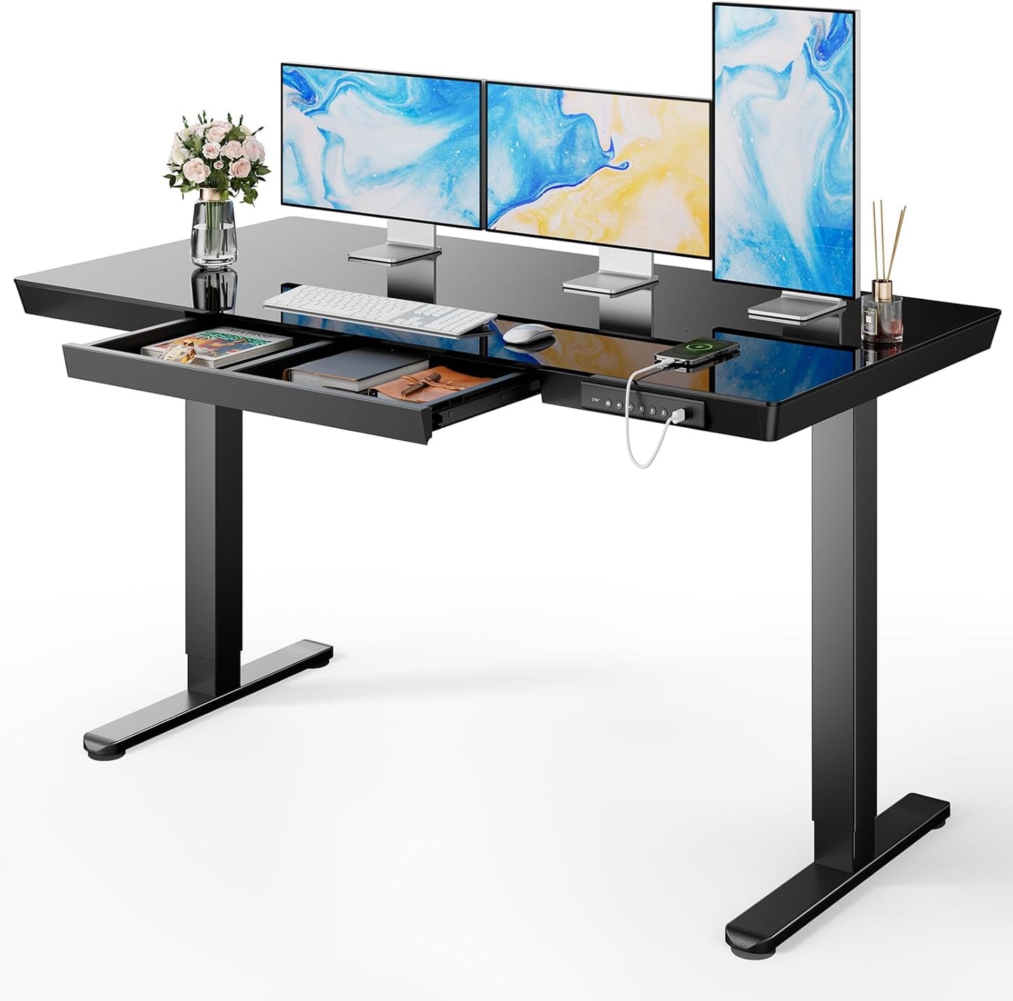 Marsail Glass Standing Desk with Drawer,55 x 28 inch Electric Standing Desk, Sit Stand Desk with One-Piece Tabletop & USB Charging Ports, Height Adjustable Desk with Storage for Home & Office Black