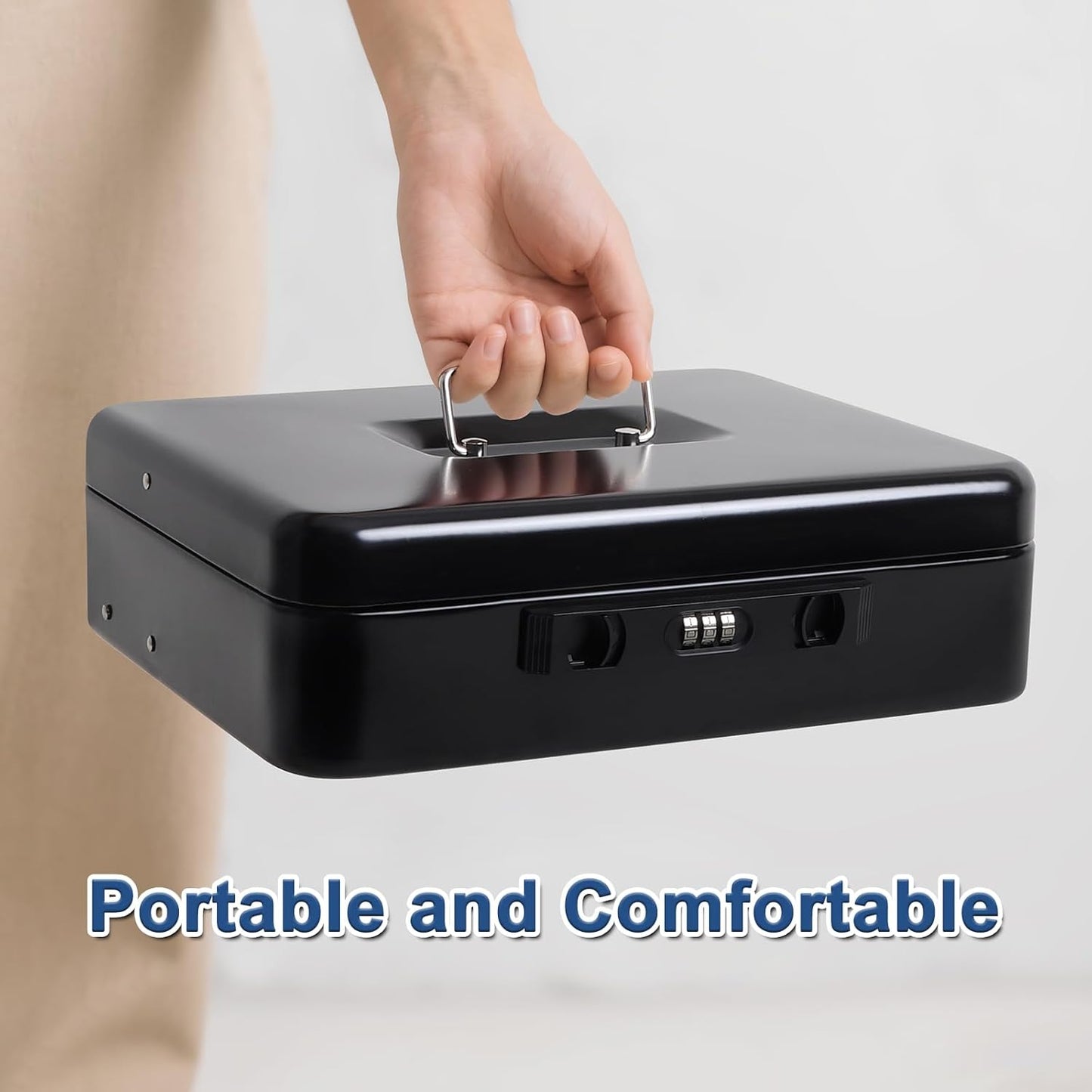 Jssmst Locking Cash Box with Coin Lid, 11.8L x 9.5W x 3.5H Inches, Latch Safe Money Box with Combination Lock, Black