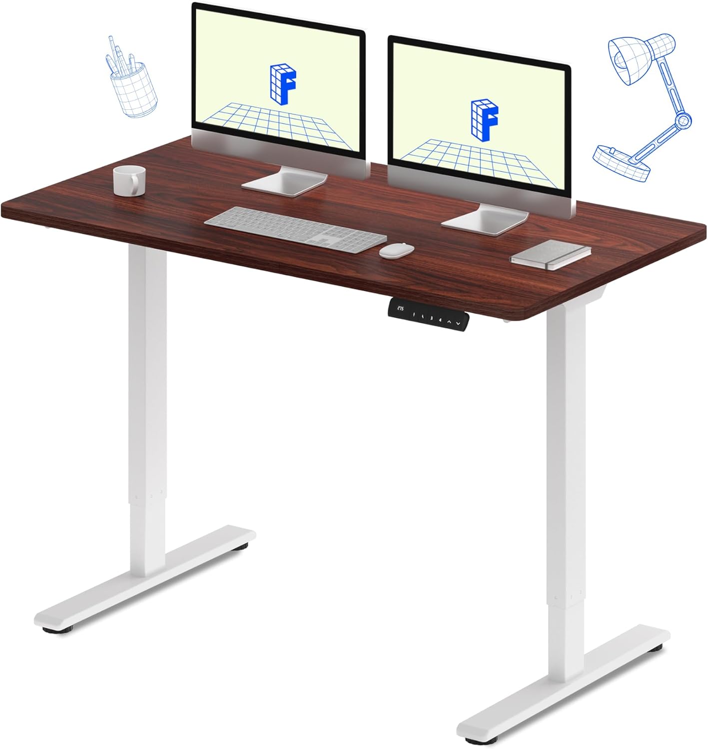 FLEXISPOT E3 Dual Motor Electric Standing Desk 55x28 Inch Whole-Piece Board Height Adjustable Electric Sit Stand Desk (White Frame + Mahogany Desktop, 2 Packages)