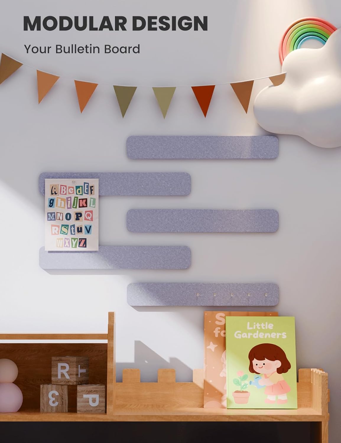 Cork Board Alternative Felt Strip Board 5-Pack 13"x2", Office Pin Board with 35 Push Pins, Adhesive Install for Bedroom Door & Home Office(Soft Periwinkle)