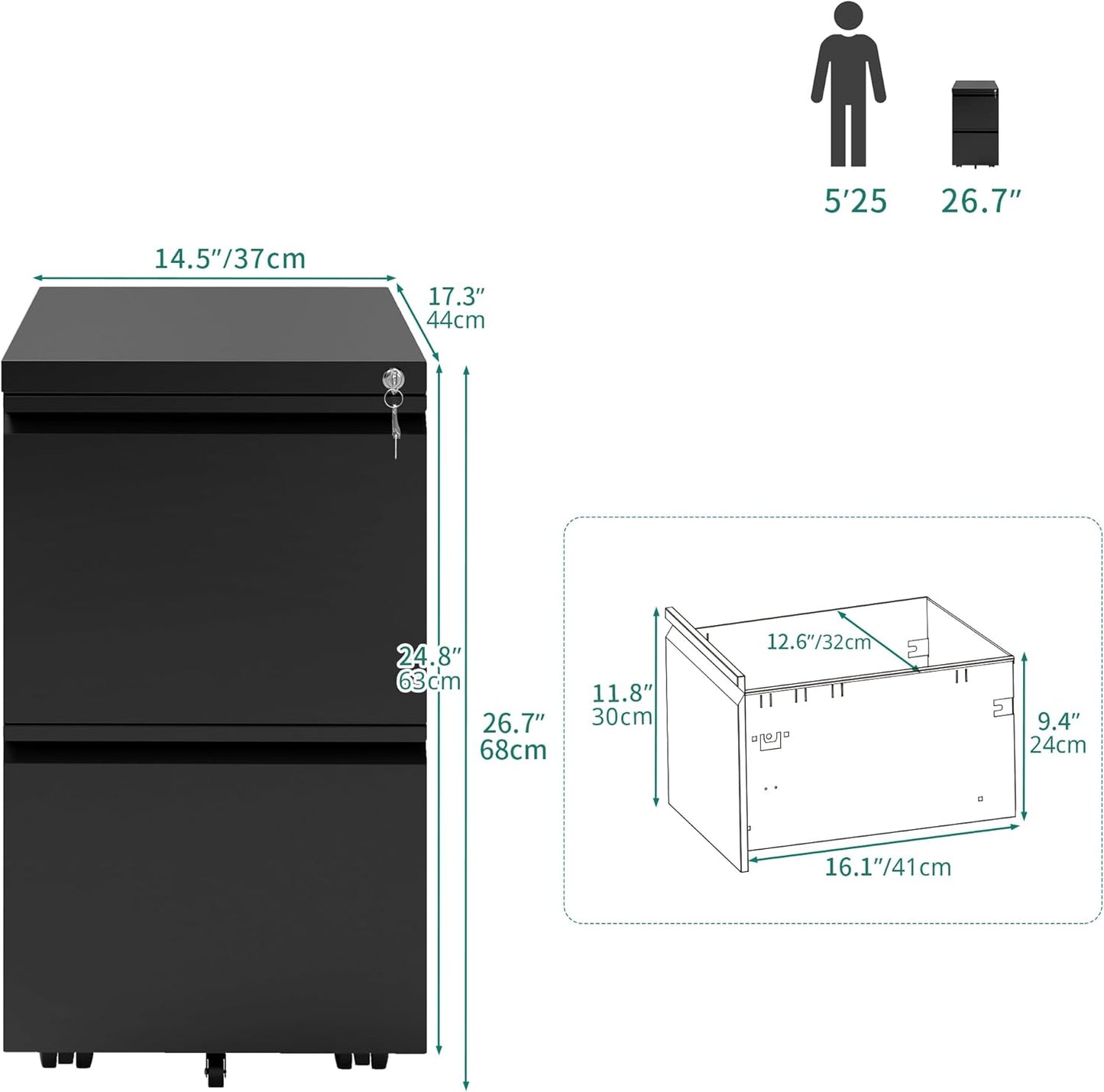 YITAHOME 2 Drawer File Cabinet with Lock, Mobile Metal Filing Cabinet for Letters/Legal/A4 Size, Home Office & Business Enterprise, Fully Assembled Except Wheels, Black