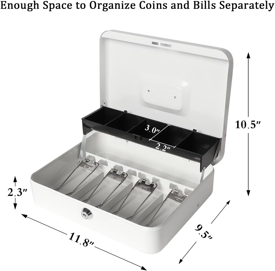 Jssmst Locking Large Metal Cash Box with Money Tray, Money Box with Key Lock, White, SM-CB0504L