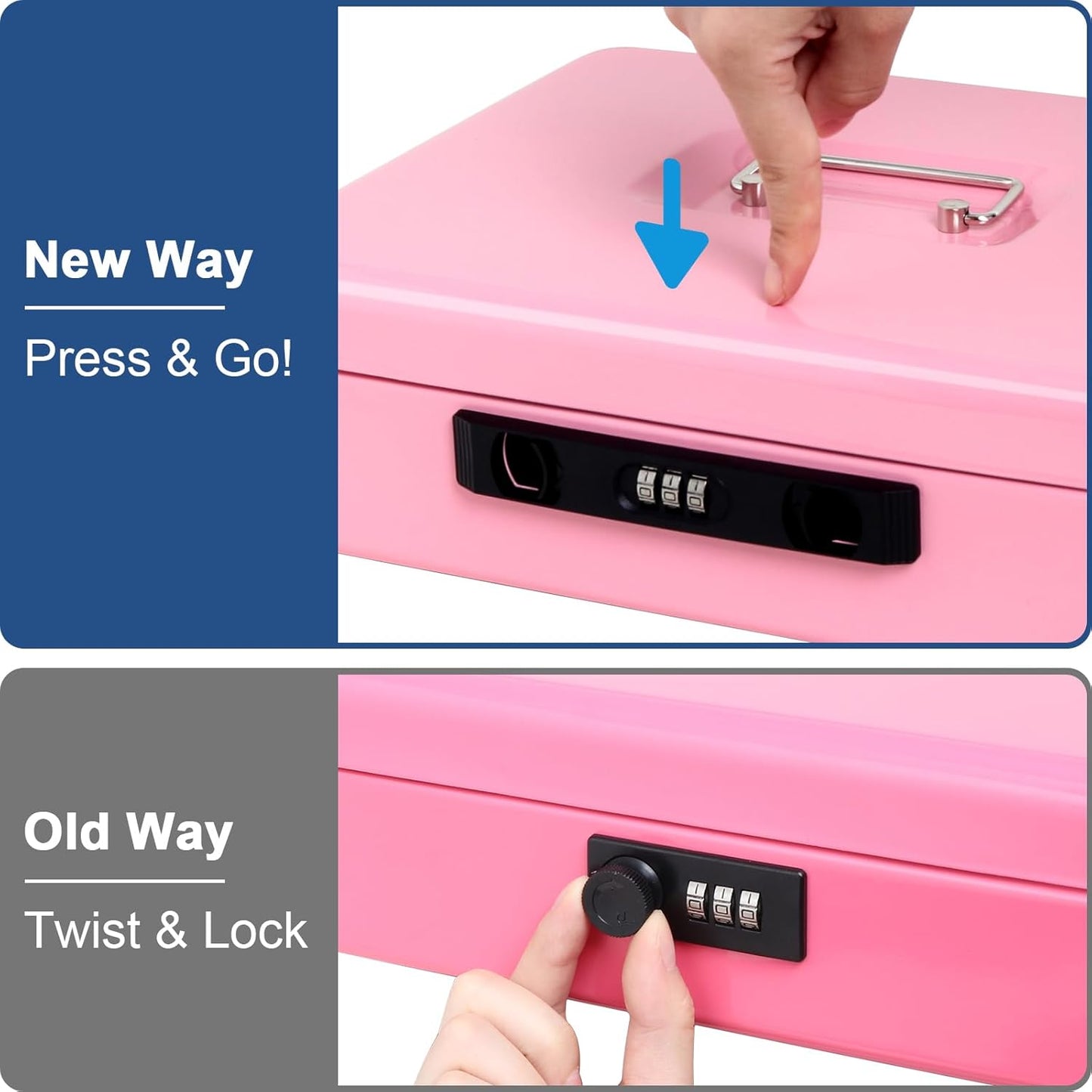 Jssmst Locking Cash Box with Coin Lid, 11.8L x 9.5W x 3.5H Inches, Latch Safe Money Box with Combination Lock, Pink