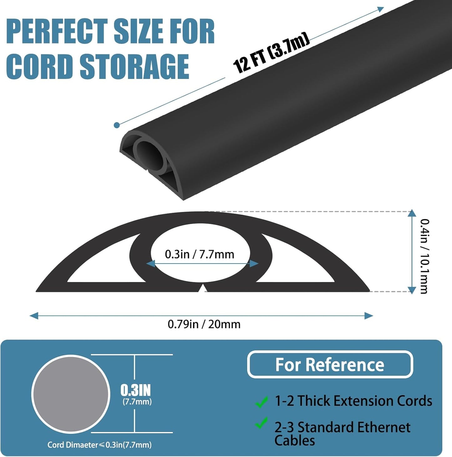 Floor Cord Covers for Wires 12FT Cable Hider Wire Cover Self Adhesive Cord Hider Floor for Offices, Homes, Workshops, Warehouses Cable Cavity 0.3" W x 0.3" H