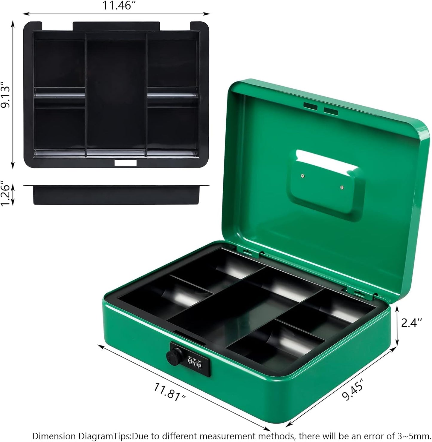 KYODOLED Metal Cash Box with Combination Lock Money Box for Cash Safe Metal Box with Money Tray for Security Lock Box 11.81"x 9.45"x 3.54" Green X Large