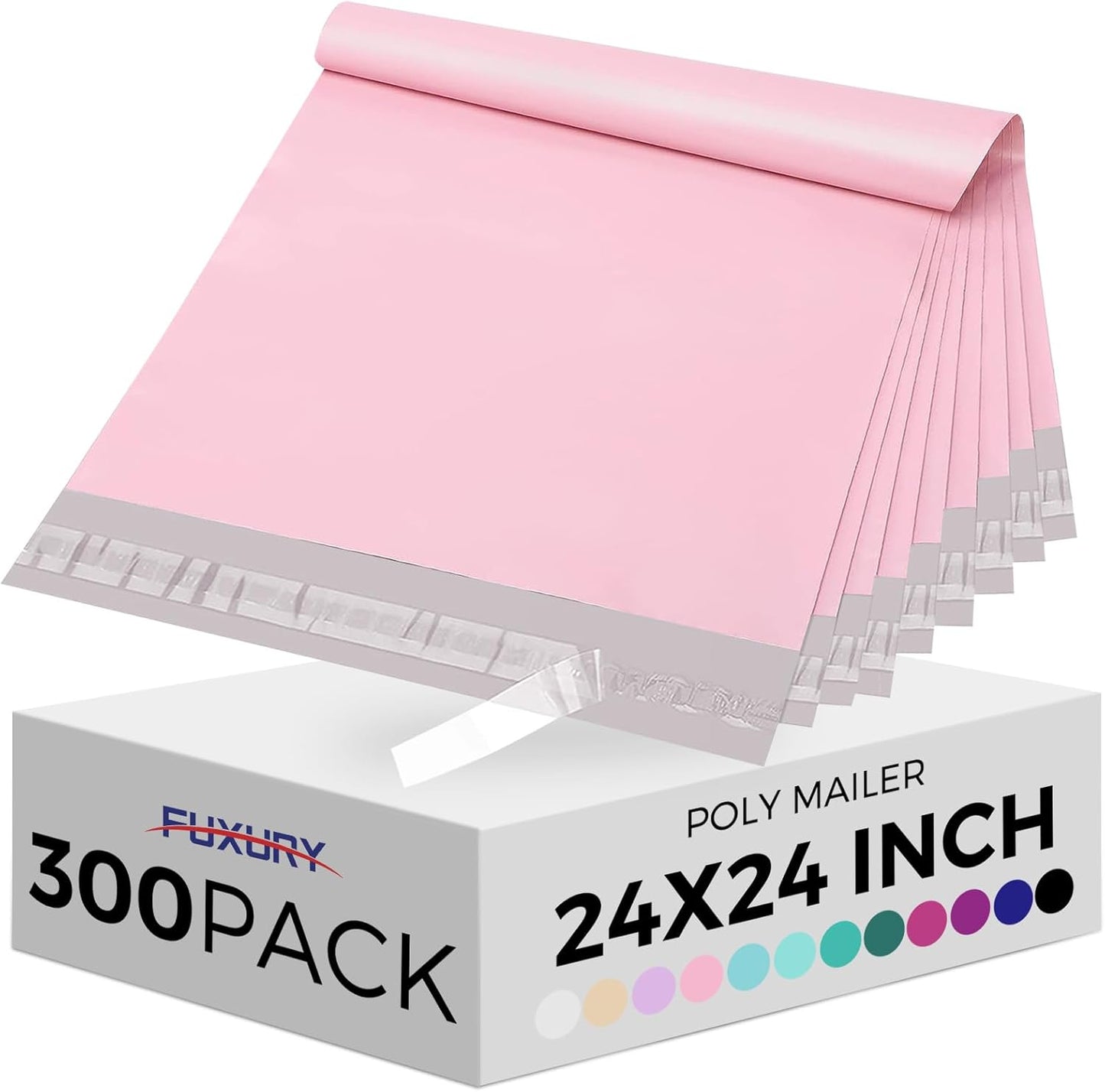Fuxury Large Poly Mailers 24x24 Inch 300 Pcs, Bulk Shipping Bags for Clothing, Strong Adhesive Shipping Envelopes for Small Business Suppliers,Waterproof Mailers Poly Bags Mailing Envelopes Pink