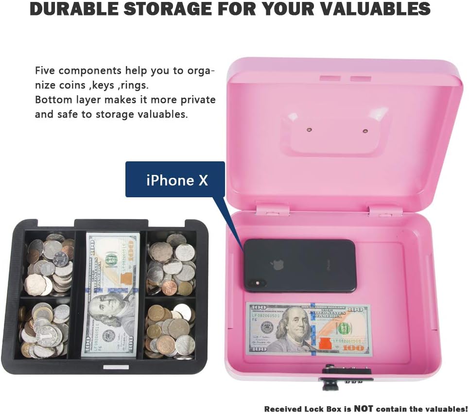 Kyodoled Large Cash Box with Combination Lock,Safe Metal Money Box with Money Tray for Security Lock Box 9.84"x 7.87"x 3.54" Pink Large