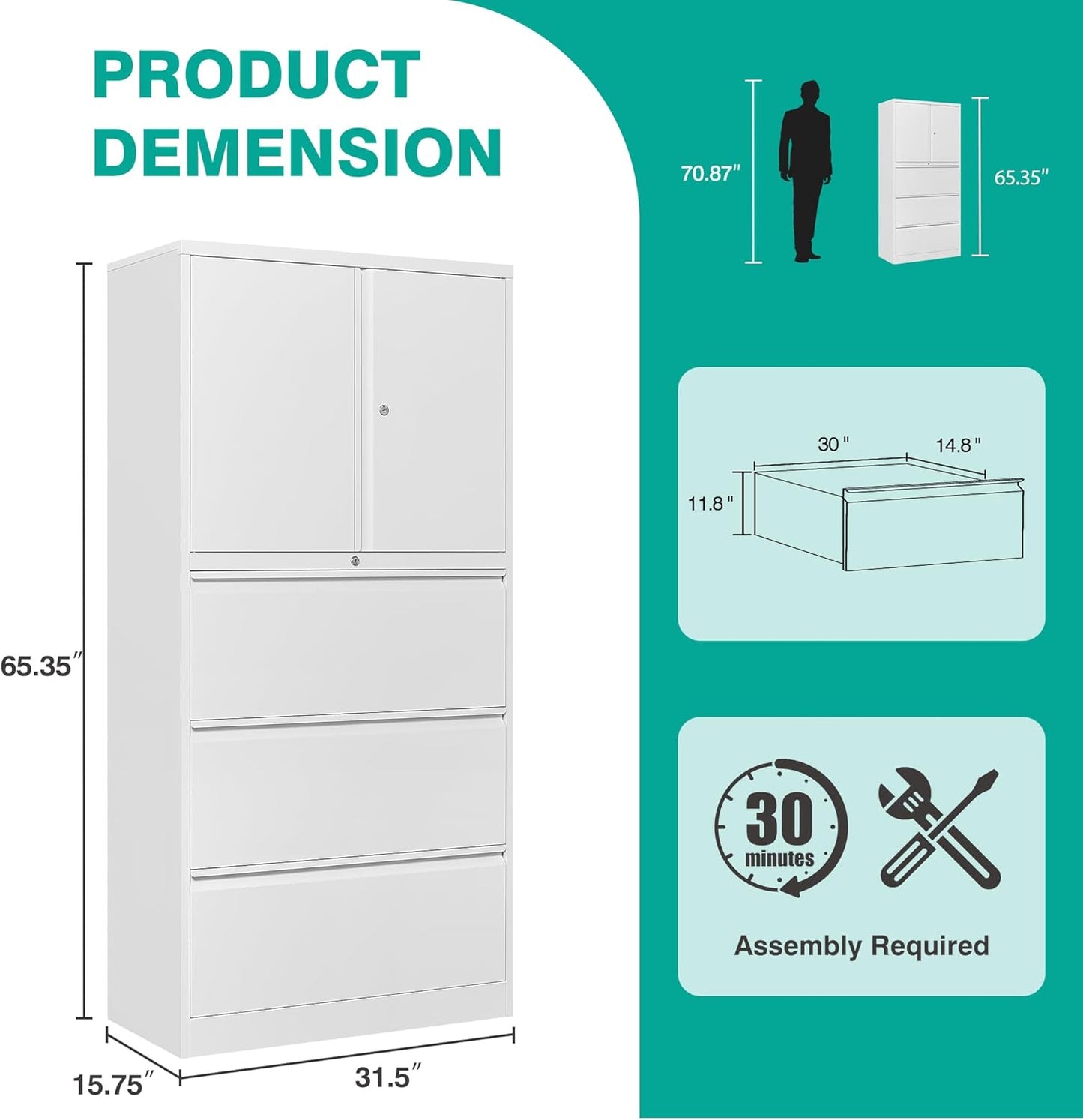 SISESOL 3 Drawer Lateral File Cabinet with Lock,White Filing Storage Cabinet with Doors and Shelves,Locking Metal Storage Cabinets with Drawers for Home,Office,Garage,School,Fit A4/Letter/Legal File