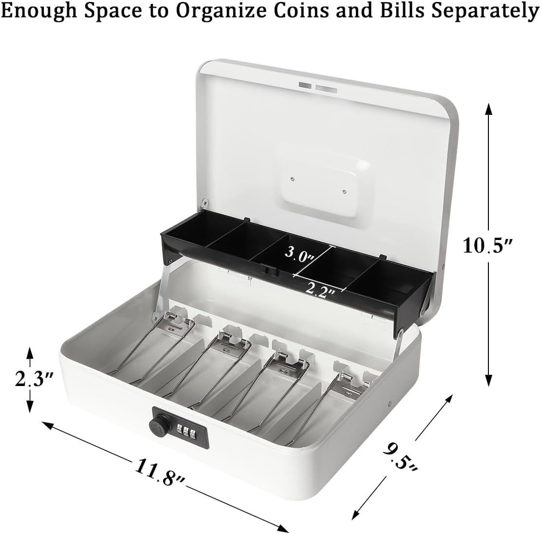 Jssmst Locking Large Metal Cash Box with Money Tray, Money Box with Combination Lock, White, SM-CB0511L