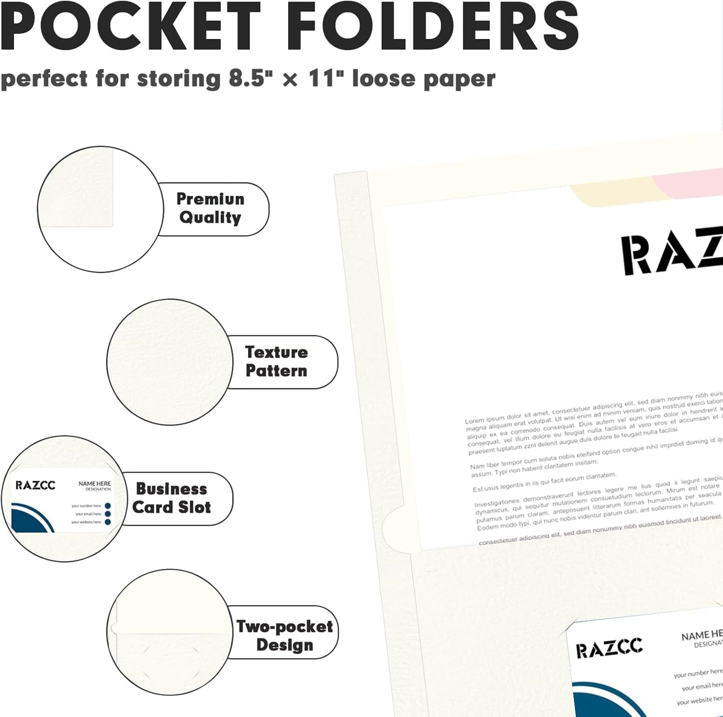 Two Pocket Folders, RAZCC 50 Pack 2 Pocket Folders Fit Letter Size Paper, Paper Folders with Pockets for School Office Business Home (White)