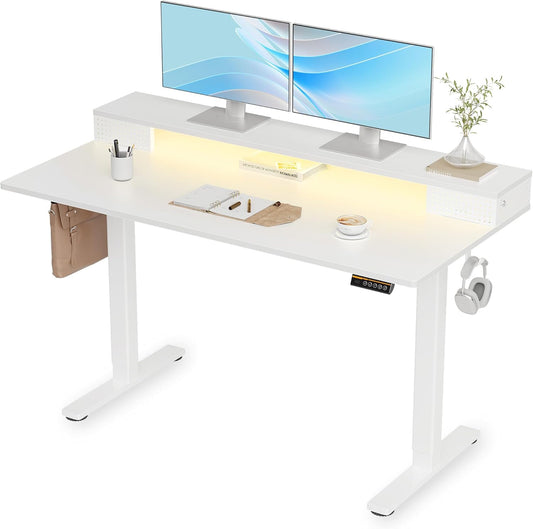 Claiks Electric Standing Desk with Shelf, 55 Inch Height Adjustable Standing Desk with LED Lights & Monitor Stand, White Frame/White Top