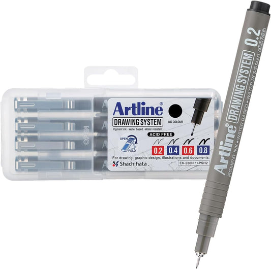 Artline 230 Drawing System Pens, Technical Drawing Pens For Drafting, Illustrating, and More, 0.2mm, 0.4mm, 0.6mm, and 0.8mm Fine Tips - Black, 4-Pack
