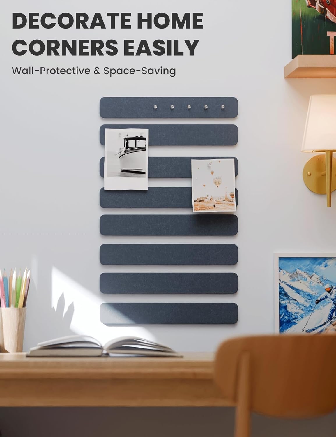 Cork Board Alternative Felt Strip Board 8-Pack 13"x2", Office Pin Board with 50 Push Pins, Adhesive Install for Bedroom Door & Home Office(Deep Charcoal Blue)