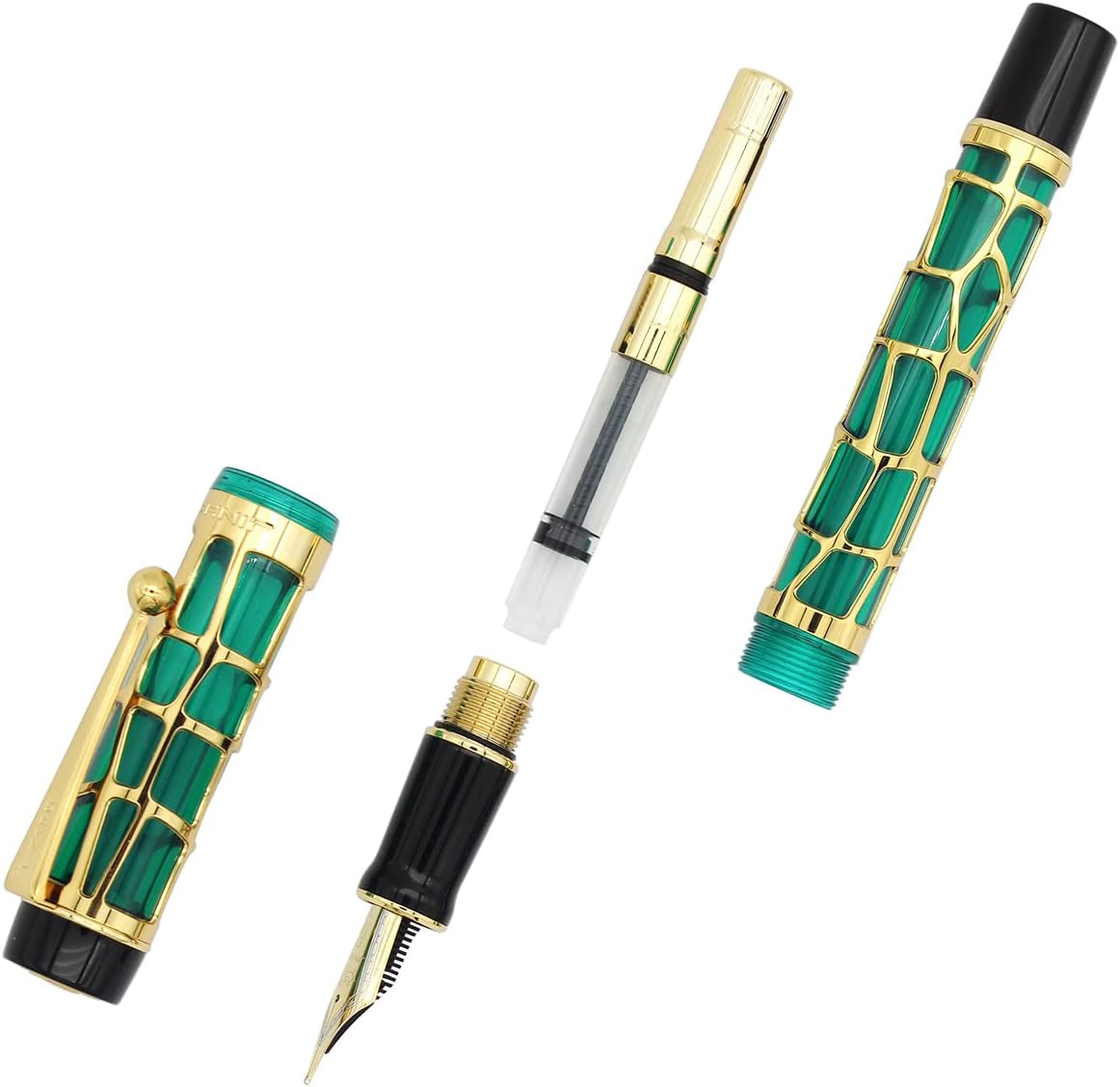 Gullor Century 100 Fountain Pen, Skeleton Hollow-out Series Golden, Screw-Cap, Fine Nib, Transparent