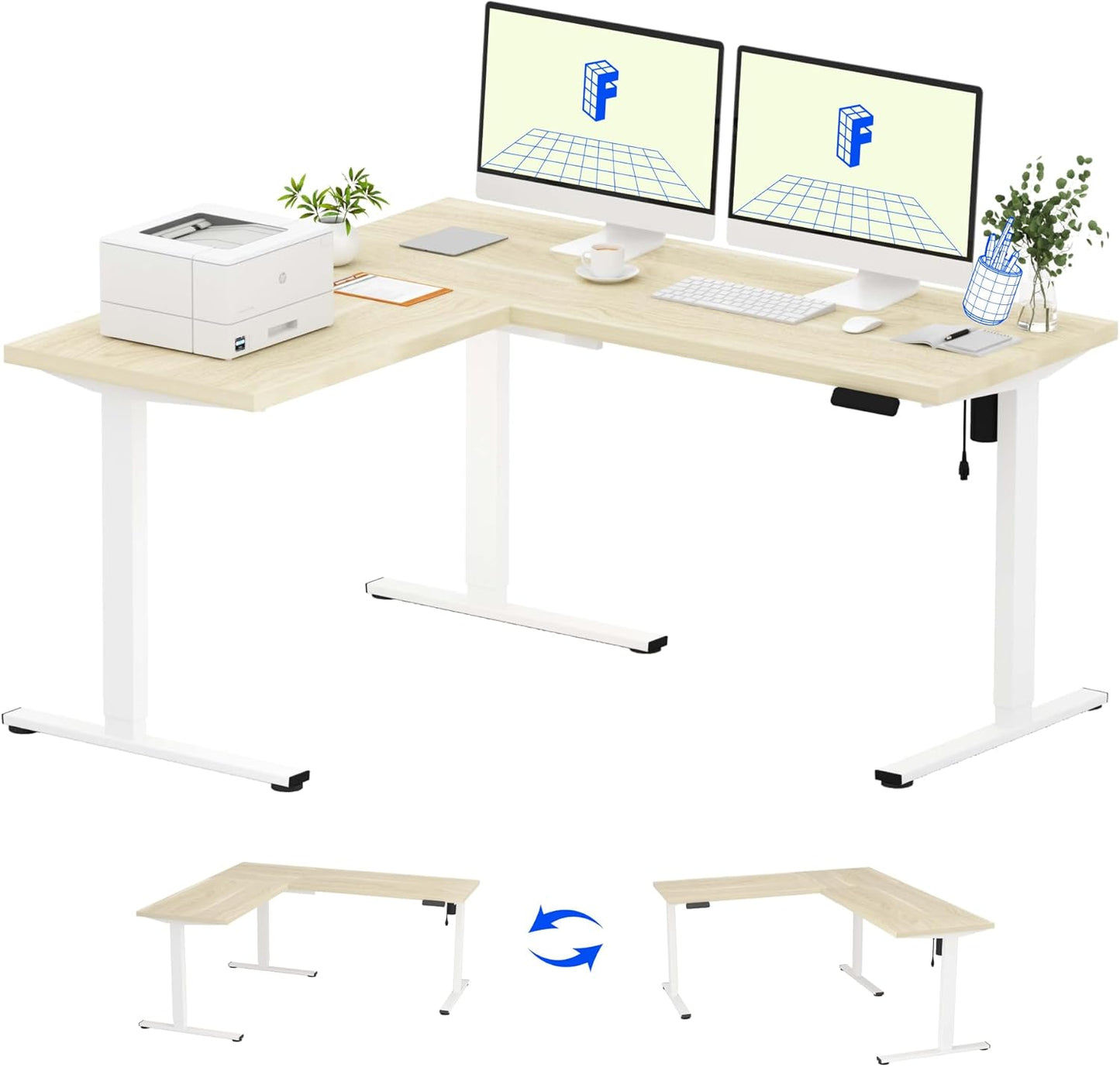 FLEXISPOT L Shaped Standing Desk, 63 x 55 Inch Electric Height Adjustable Corner Desk, Sit Stand Computer Workstation, Preset Controller, Home Office, White Frame with Maple Top