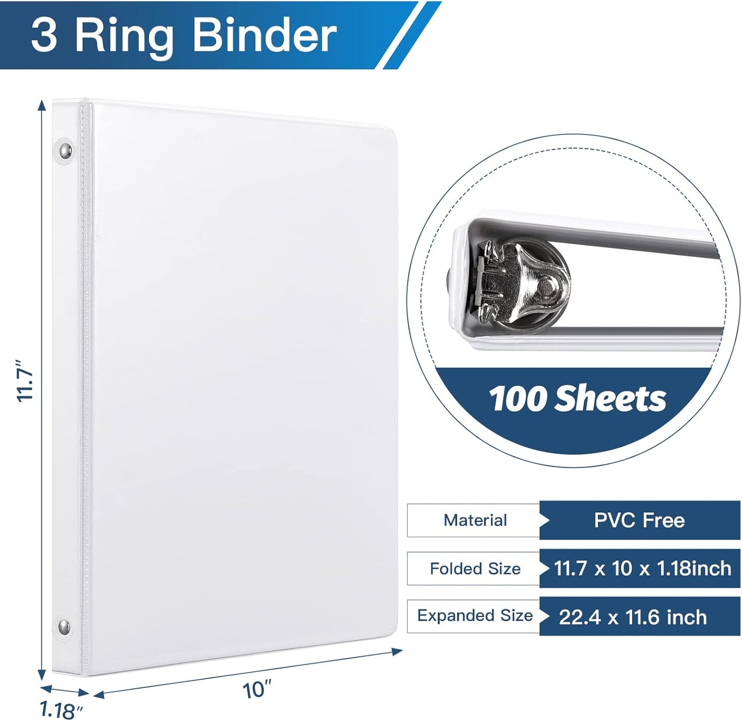 Basic 3 Ring Binder -1 or 1/2'' Binders with Roung Ring Binder, Large 100/200 Sheet Capacity, Fit 8.5" x 11" US Letter Size Paper, 12 Pack White (0.5'' White - 36 Packs)