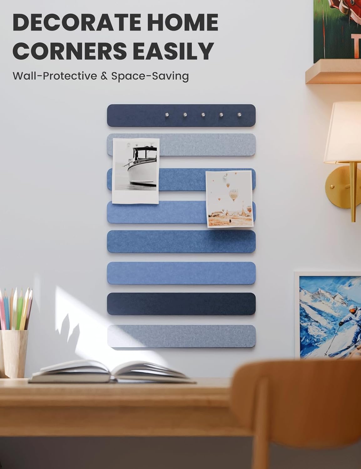 Cork Board Alternative Felt Strip Board 8-Pack 13"x2", Office Pin Board with 50 Push Pins, Adhesive Install for Bedroom Door & Home Office(Denim Mist)