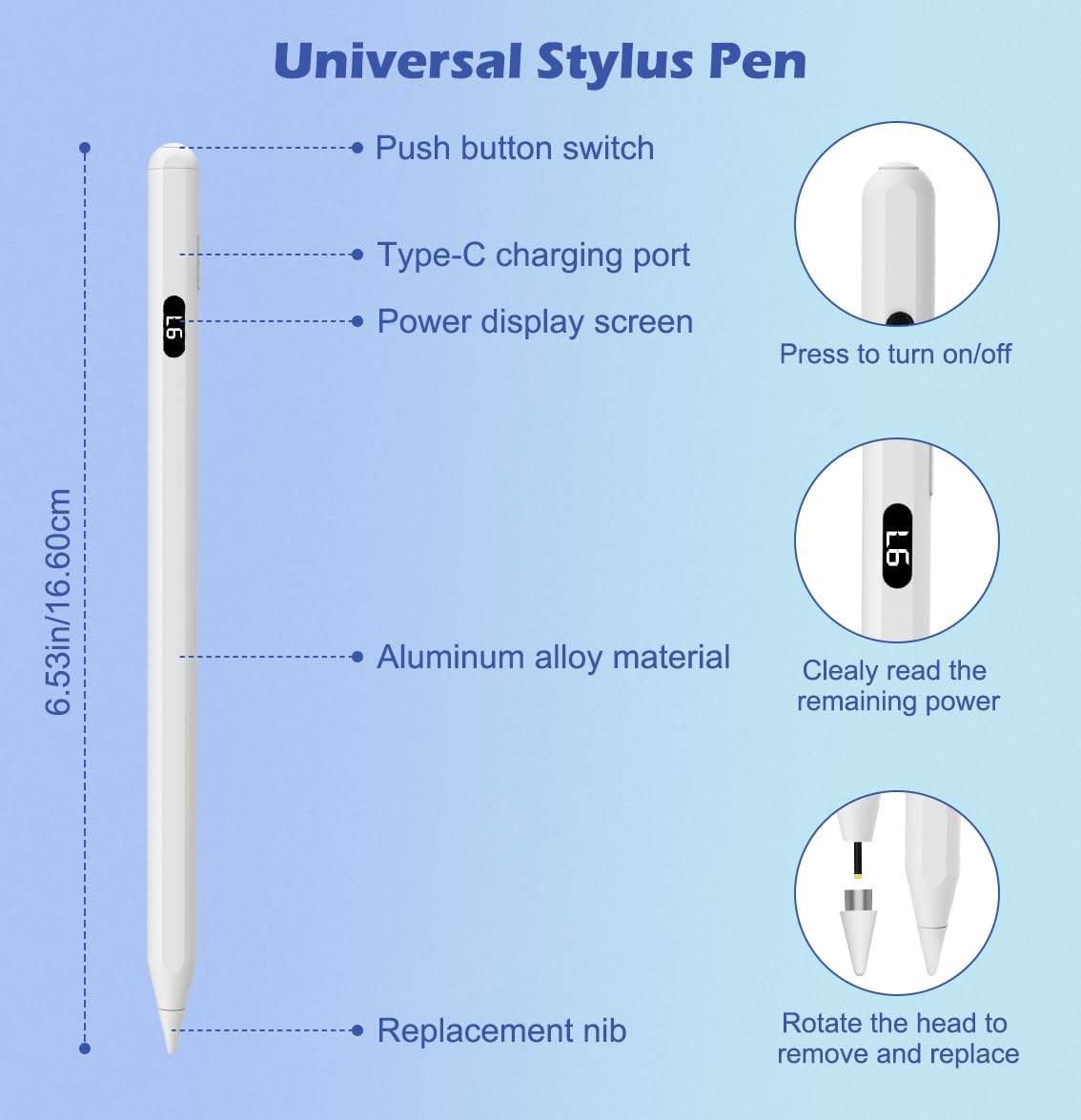 MoKo Stylus Pens for Touch Screens, Fast Charge Stylus Pen for Apple iPad/iPhone/Samsung/Lenovo/iOS/Android Tablets&Smart Phone Universal Stylus Capacitive Screen Pencil with Power Display, White