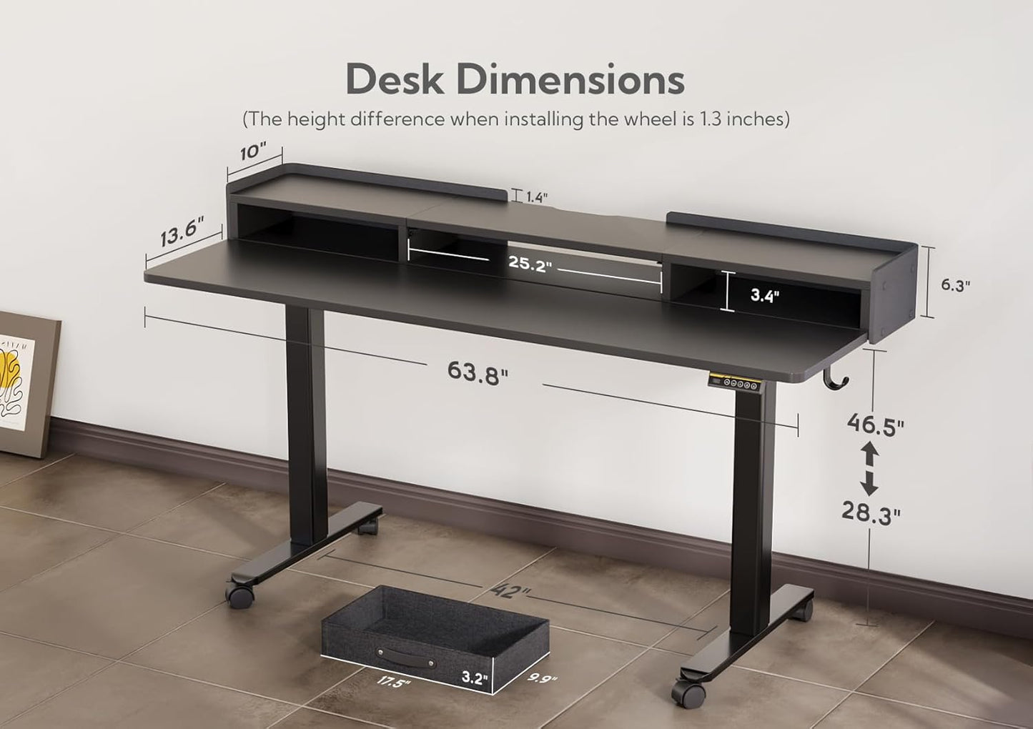 Claiks Standing Desk with Drawers, Adjustable Stand Up Electric Standing Desk Adjustable Height with Storage Shelf and Splice Board, 63 Inch, Black