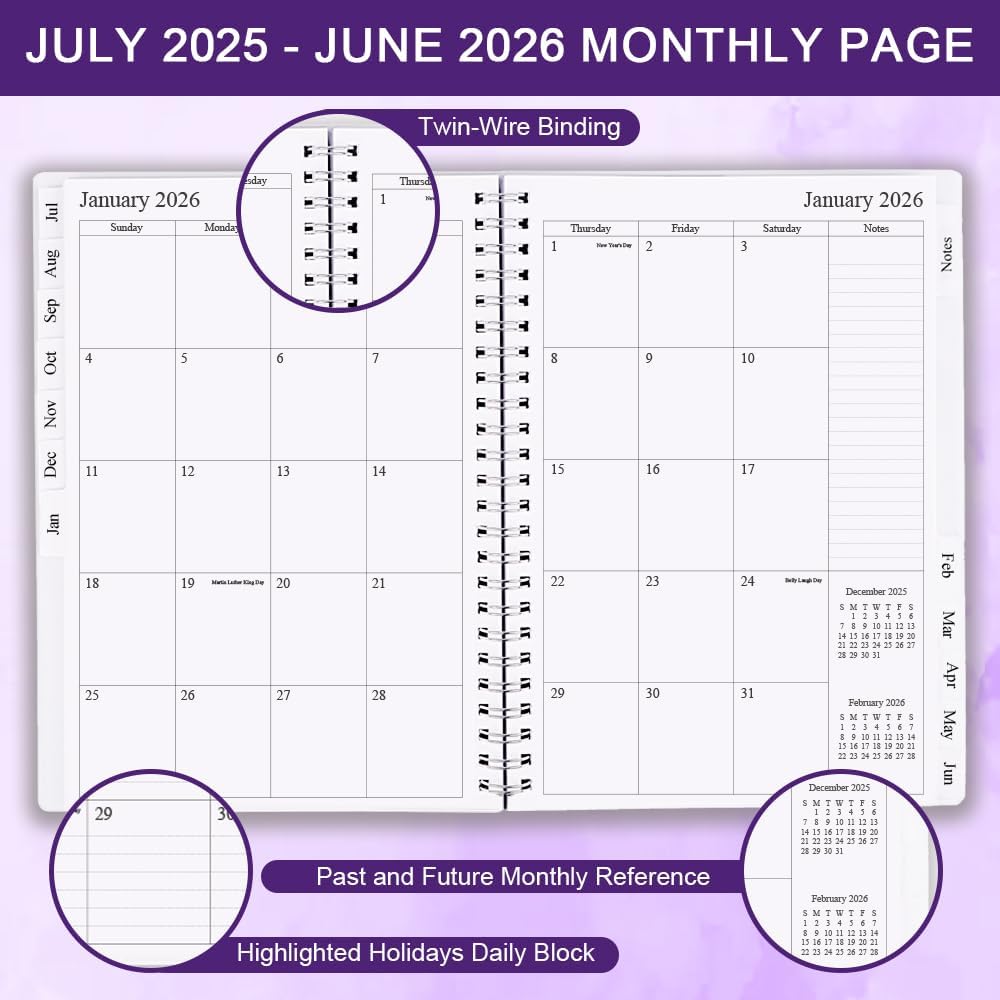 2025-2026 Planner - Weekly & Monthly Planner Runs Jul 2025 to Jun 2026, 6.25" x 8.25", 12 Monthly Tabs, 14 Notes Page, Inner Pocket, Flexible Cover with Twin-Wire Binding, Planners 2025-2026, Purple
