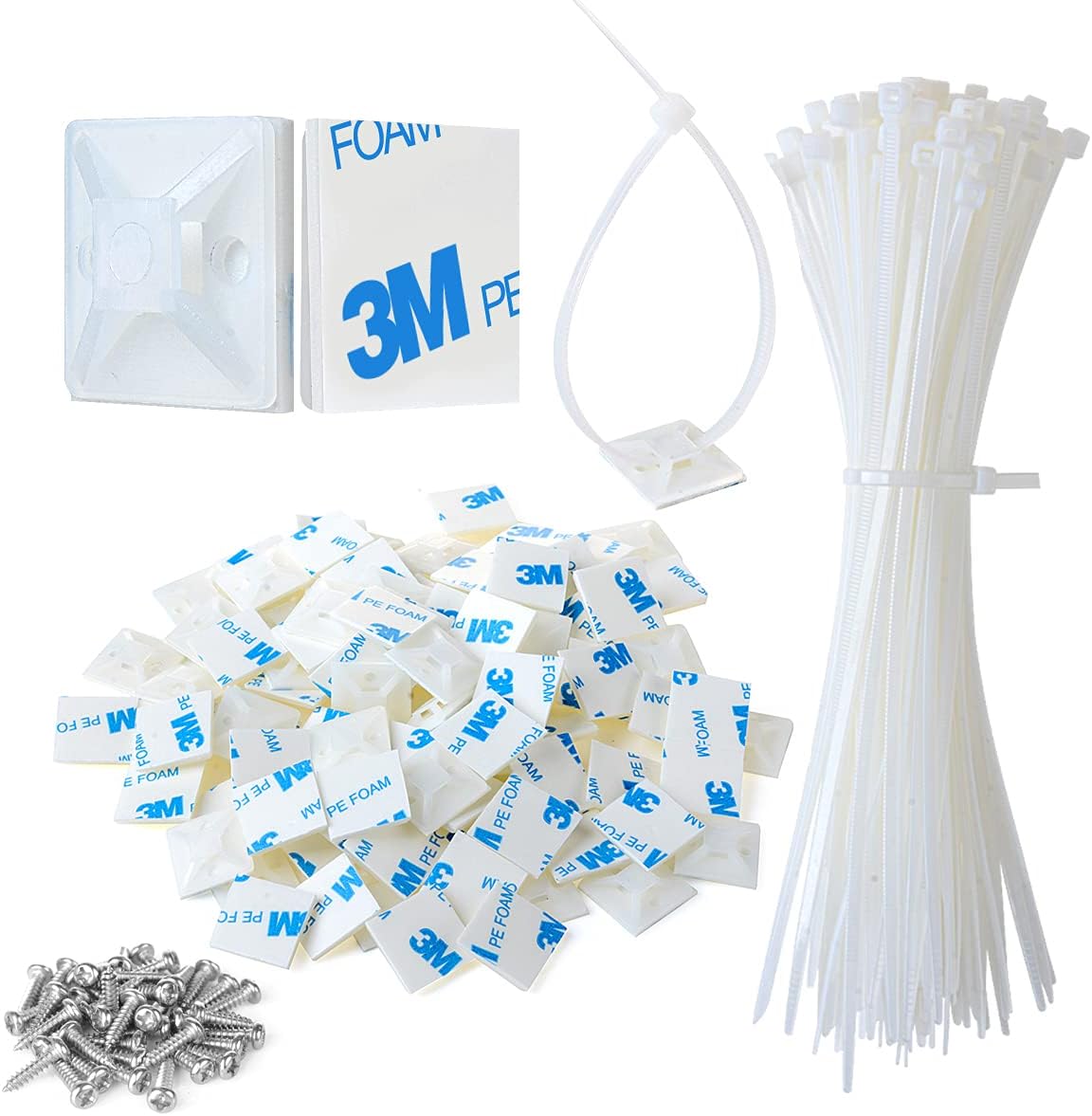 200pcs 3/4" Back-Glue Self Adhesive White Strong Cable Zip Tie Mounts with 8" Ties, Screws, Outdoor Sticky Wire Fasteners Cable Clips Management Anchors Organizer Holders Squares